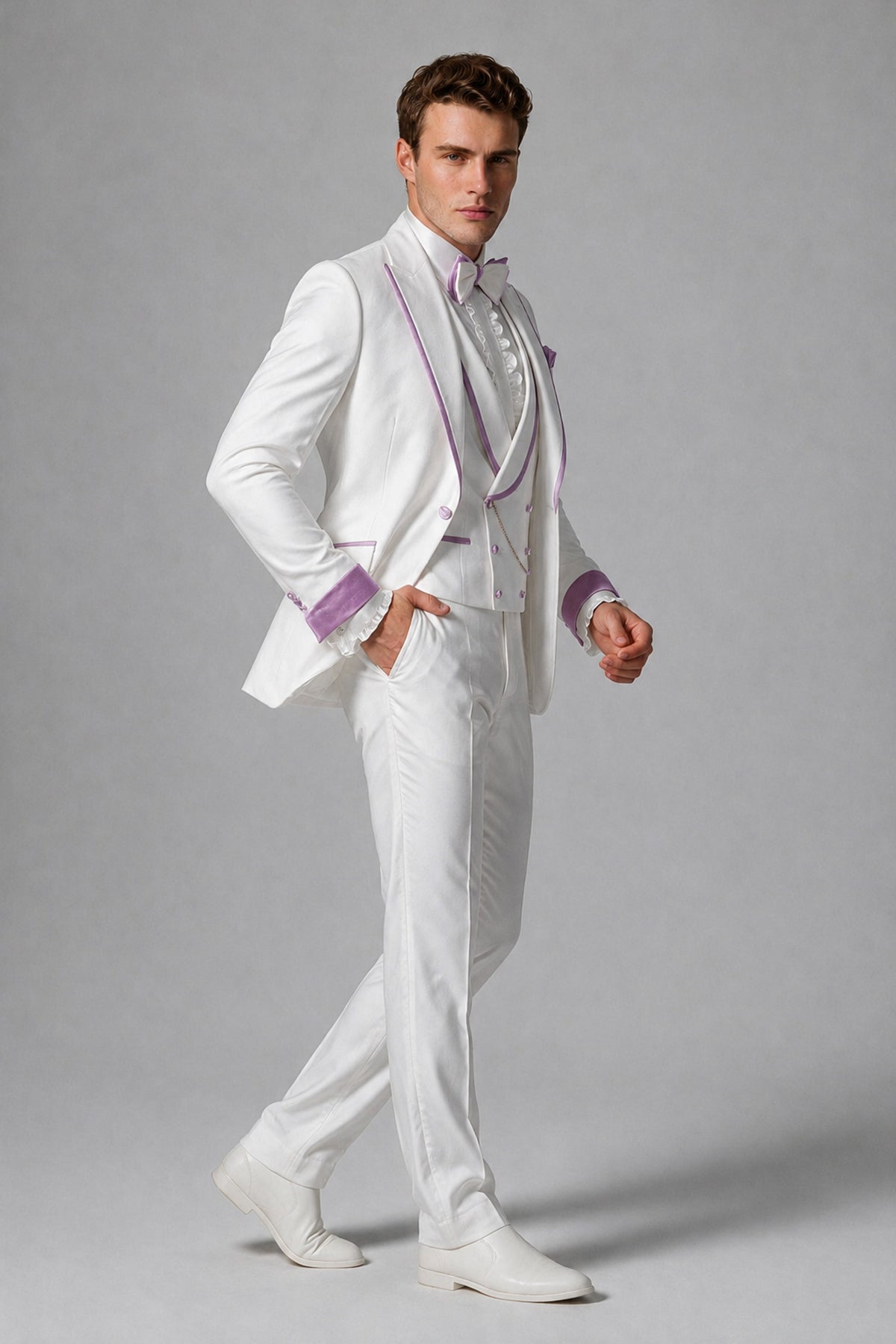 Bolodoo Men's White and Lilac Three-Piece Wedding Tuxedo Suit - Lilac - Lilac_4