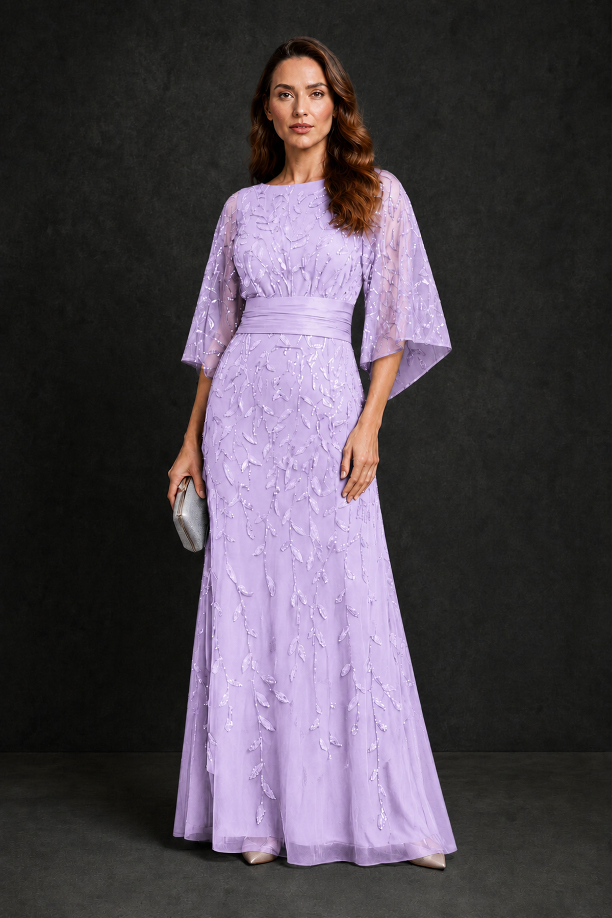 BOLODOO Lilac Bateau Neck Bell Sleeve Sequin Embroidered Satin Waist A-Line Maxi Dress - Lilac - Lilac_4