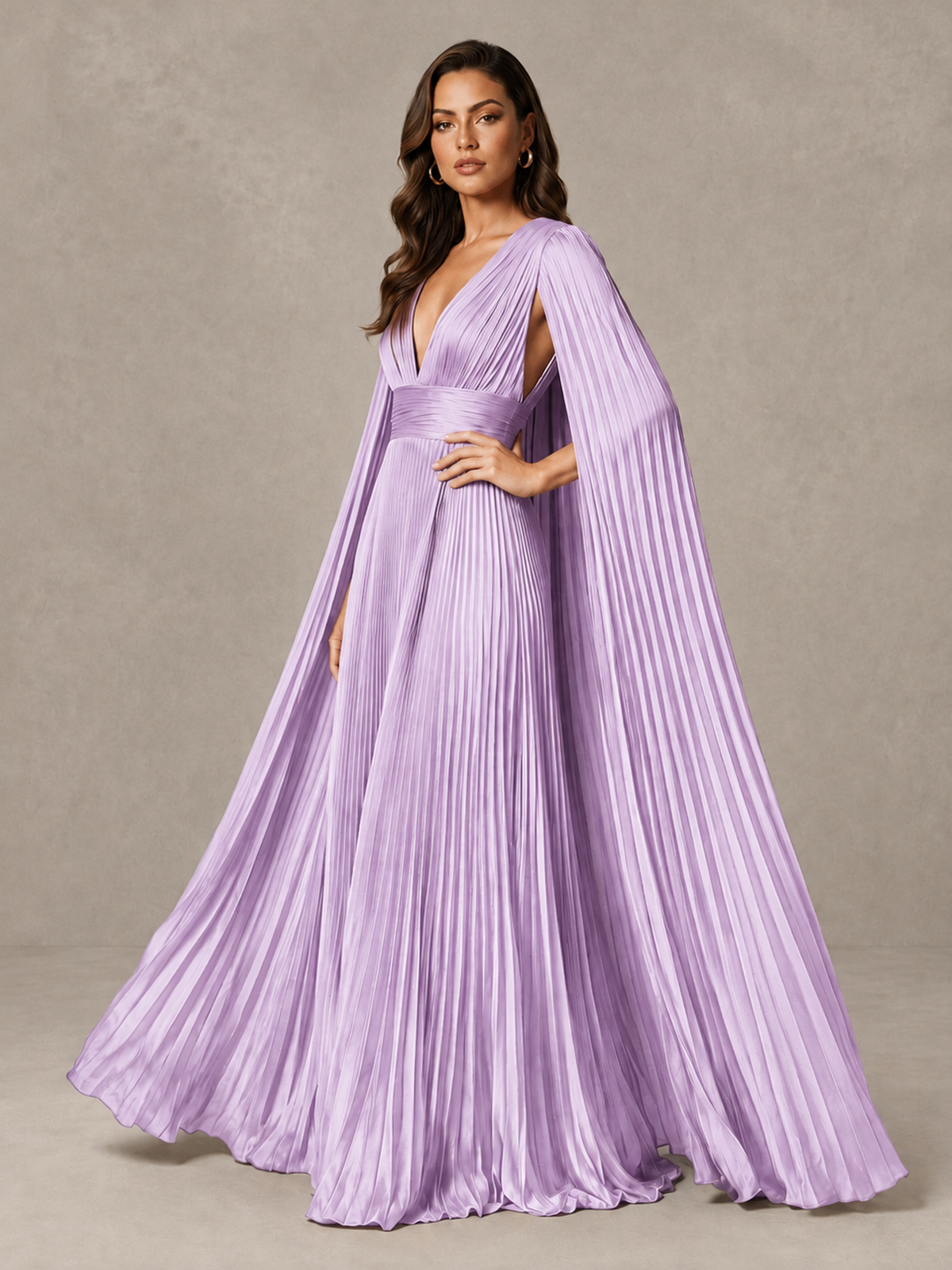 BOLODOO Lilac Deep V-Neck Pleated Cape Sleeve Evening Gown - Lilac - Lilac_4
