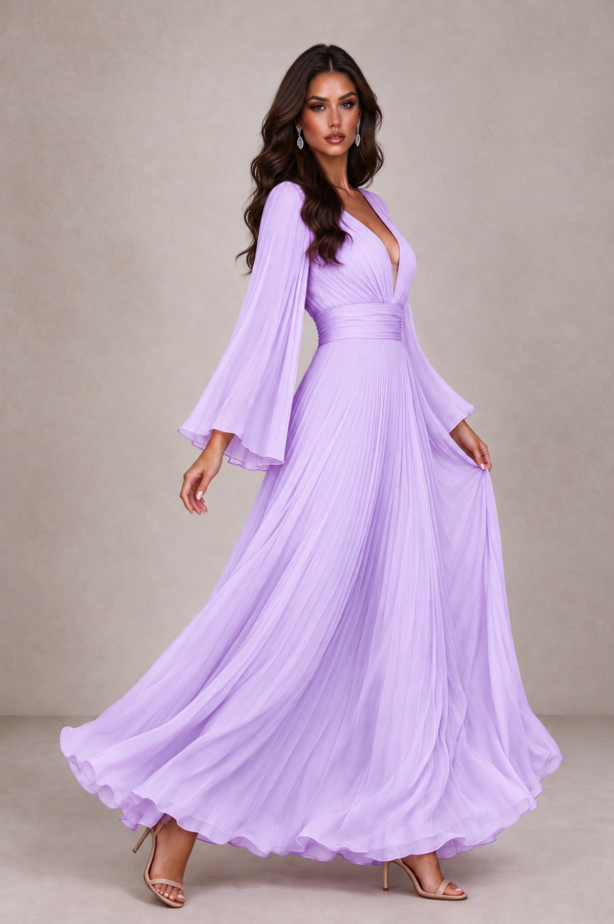 BOLODOO Lilac Pleated Deep V-Neck Long Bell Sleeve Evening Dress - Lilac - Lilac_4