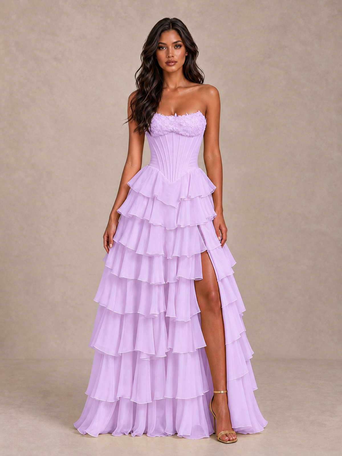 BOLODOO Lilac Strapless Corset Tiered Ruffle Prom Dress with High Slit - Lilac - Lilac_4