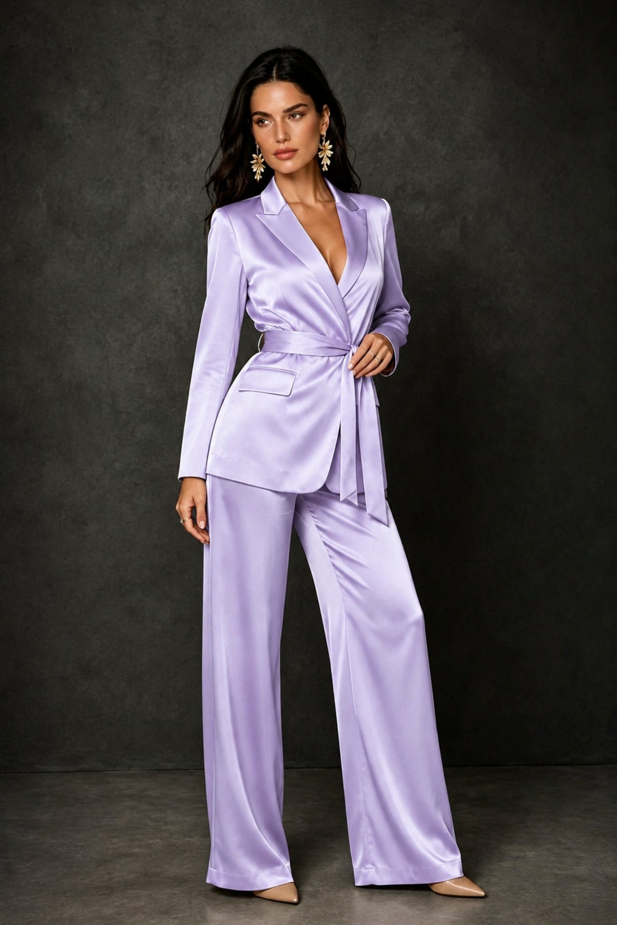 BOLODOO Lilac Satin Wrap Blazer Wide-Leg Pants Two-Piece Suit Set – Evening Gala Wedding Guest - Lilac