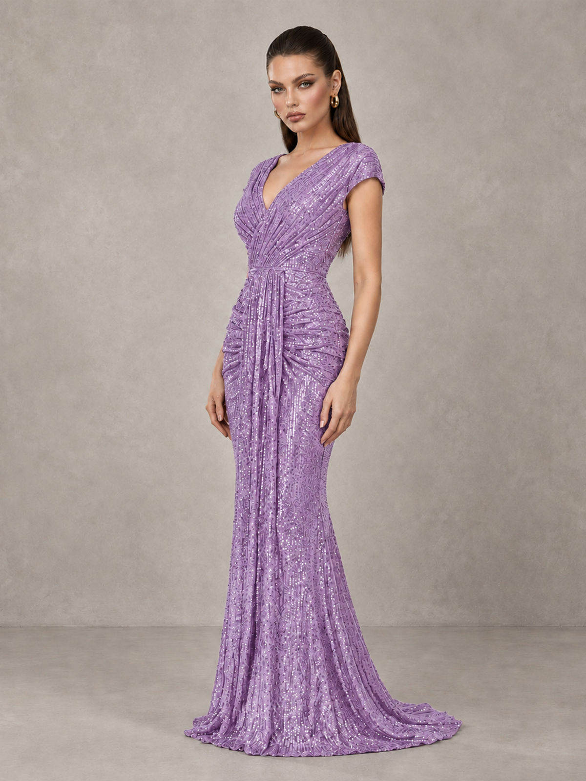 BOLODOO Lilac Glitter V-Neck Cap Sleeve Ruched Mermaid Evening Gown - Lilac - Lilac_4