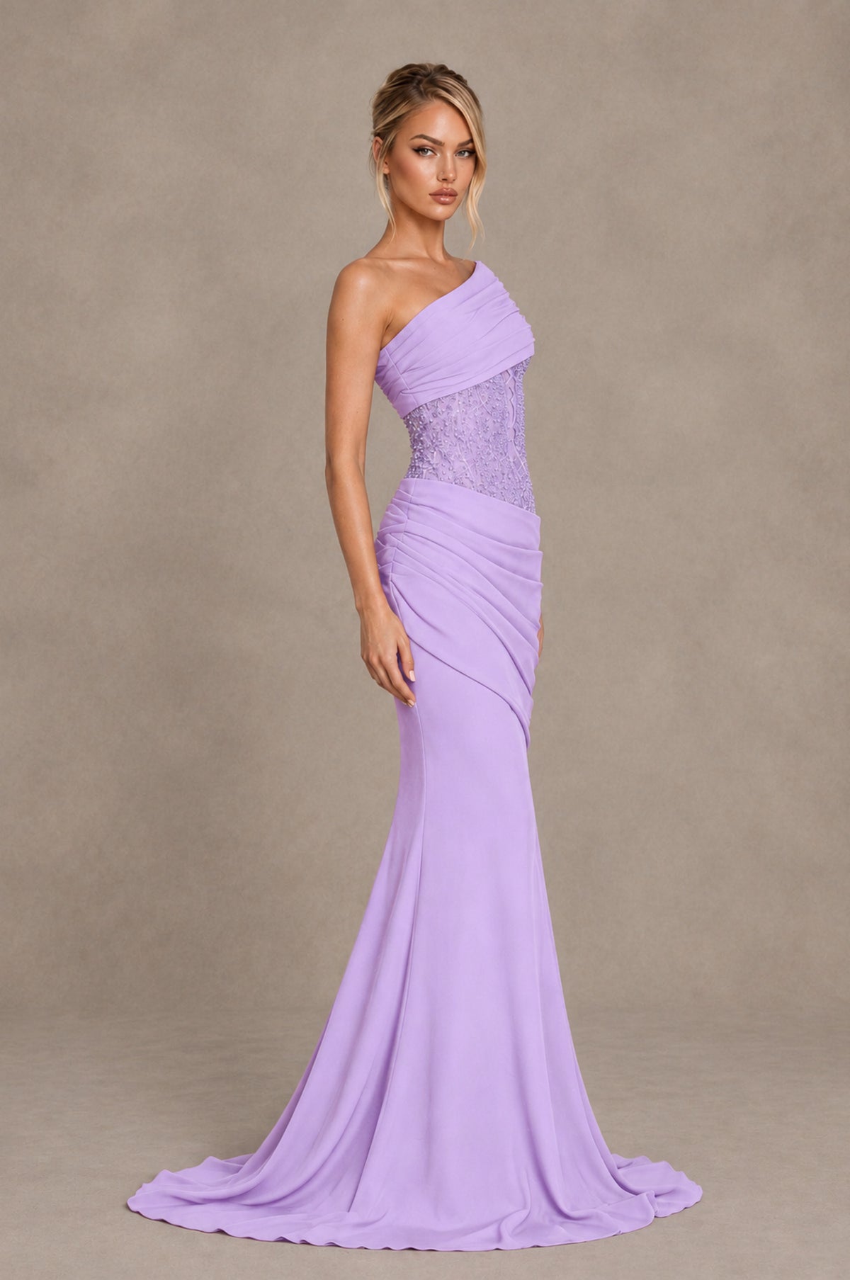 BOLODOO Lilac One-Shoulder Sequin Embroidered Ruched Mermaid Gown with Train - Lilac - Lilac_4