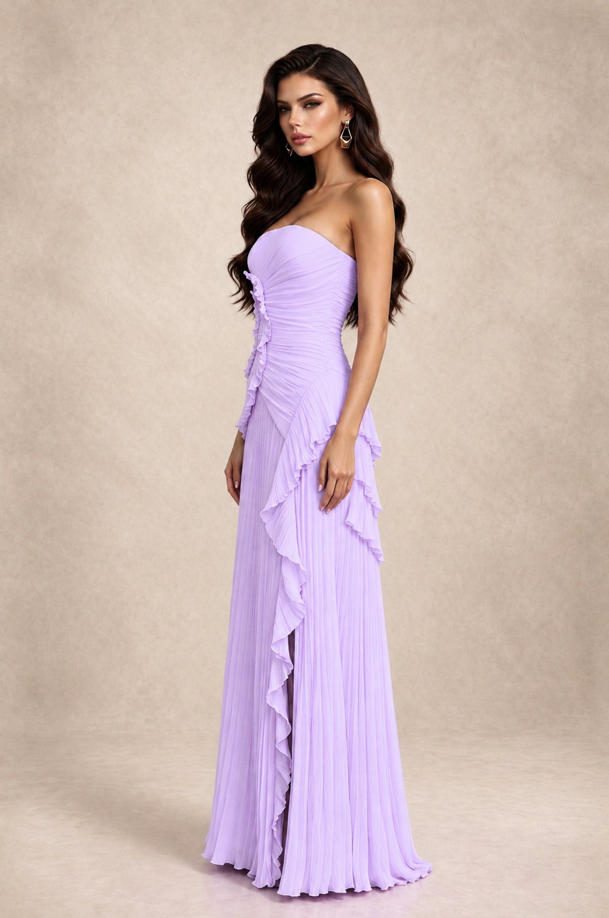 BOLODOO Lilac Strapless Ruffle Pleated Slit Evening Gown - Lilac - Lilac_4