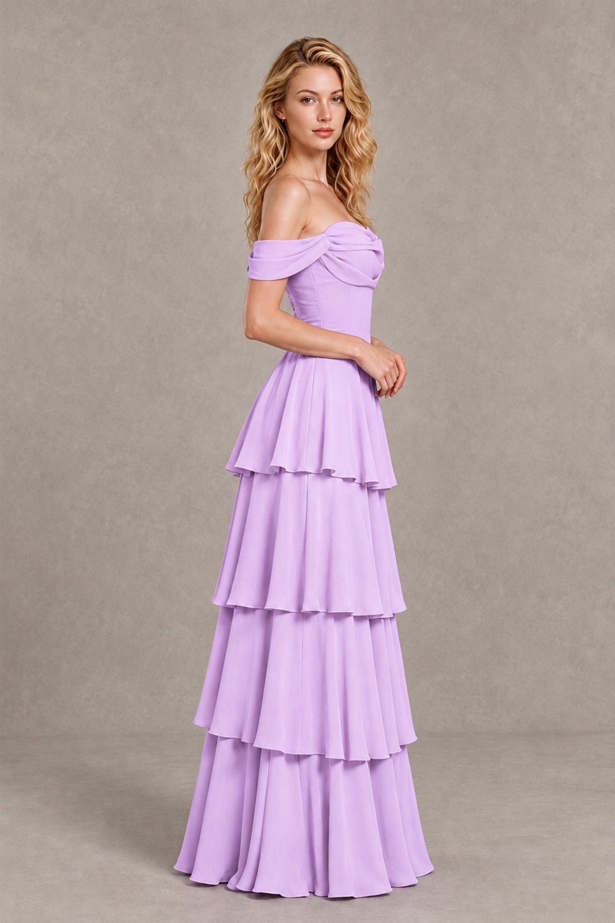 BOLODOO Lilac Off-the-Shoulder Tiered A-Line Evening Bridesmaid Dress - Lilac - Lilac_4