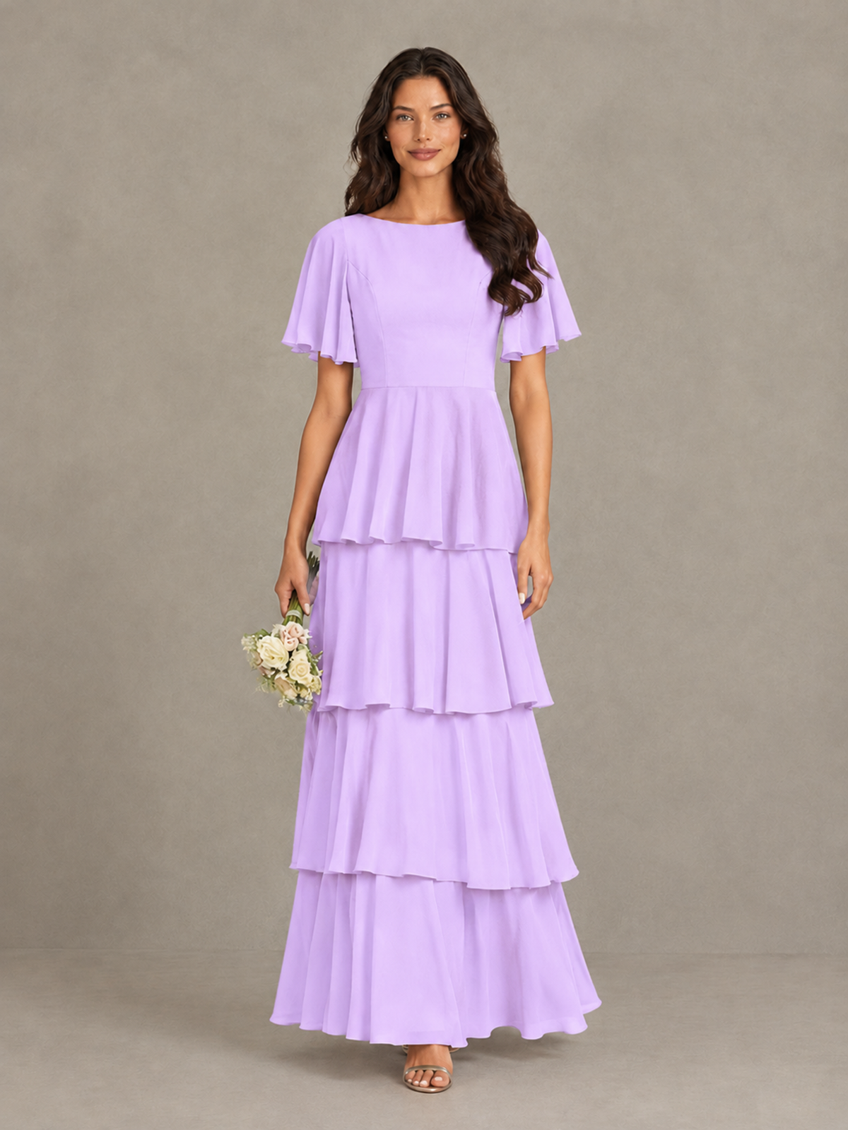 BOLODOO Lilac Tiered Flutter Sleeve Bridesmaid Dress - Lilac - Lilac_4