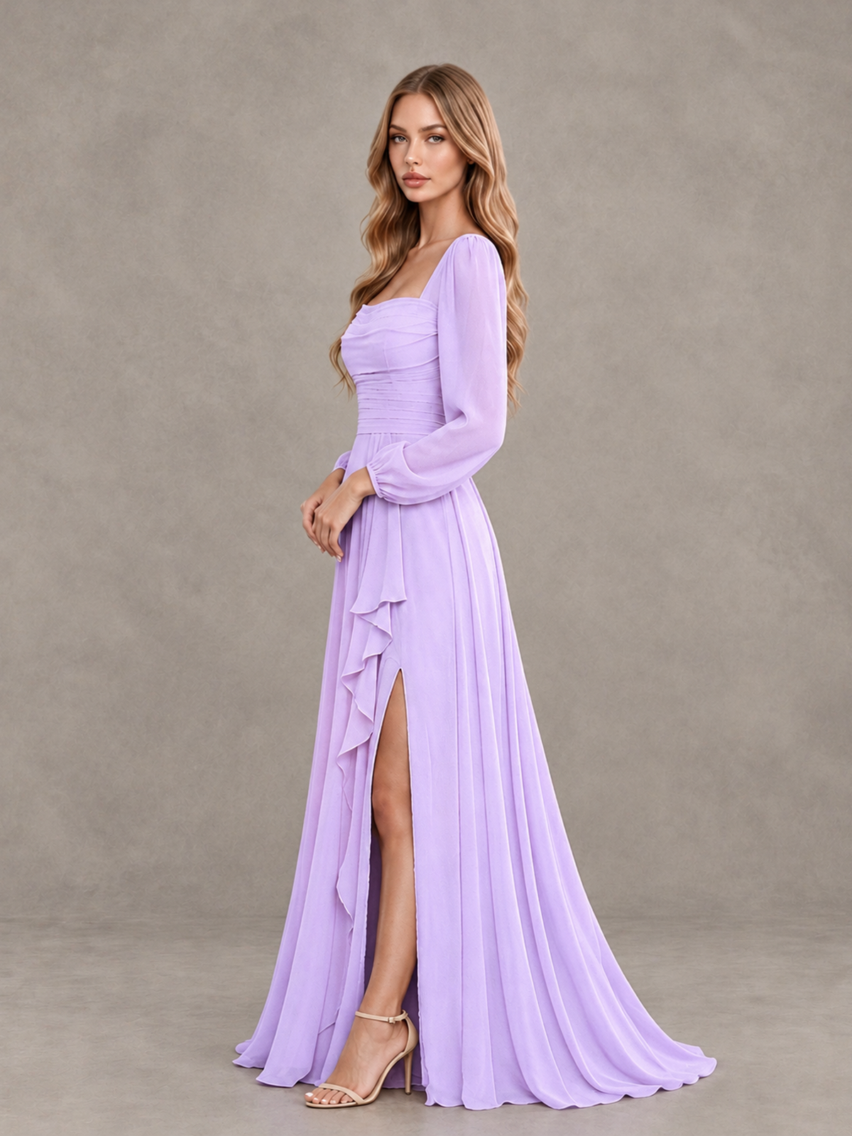 BOLODOO Lilac Square Neck Long Sleeve Bridesmaid Dress with Ruffle Slit - Lilac - Lilac_4
