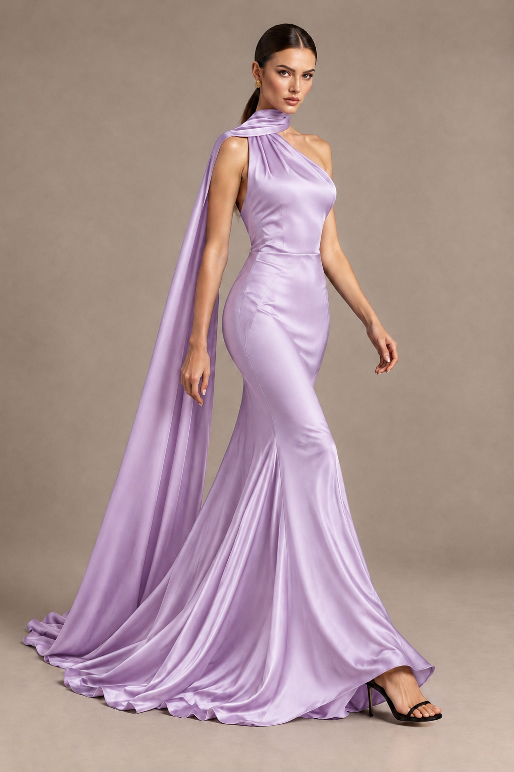 BOLODOO Lilac One-Shoulder Satin Mermaid Evening Dress with Scarf - Lilac - Lilac_4