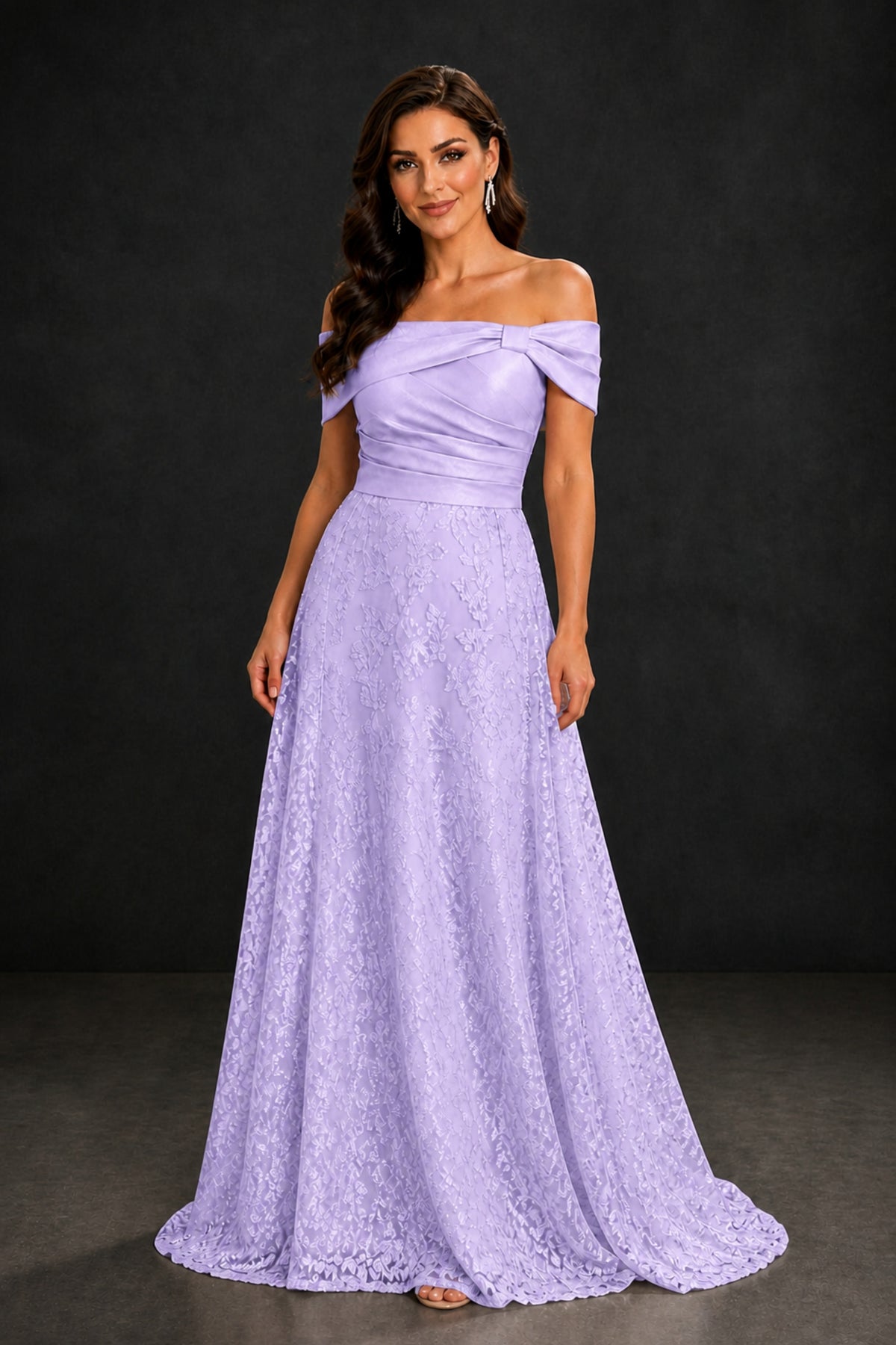 BOLODOO Lilac Lace Glitter Off Shoulder Cap Sleeve A-Line Ball Gown with Train – Formal Evening Dress - Lilac
