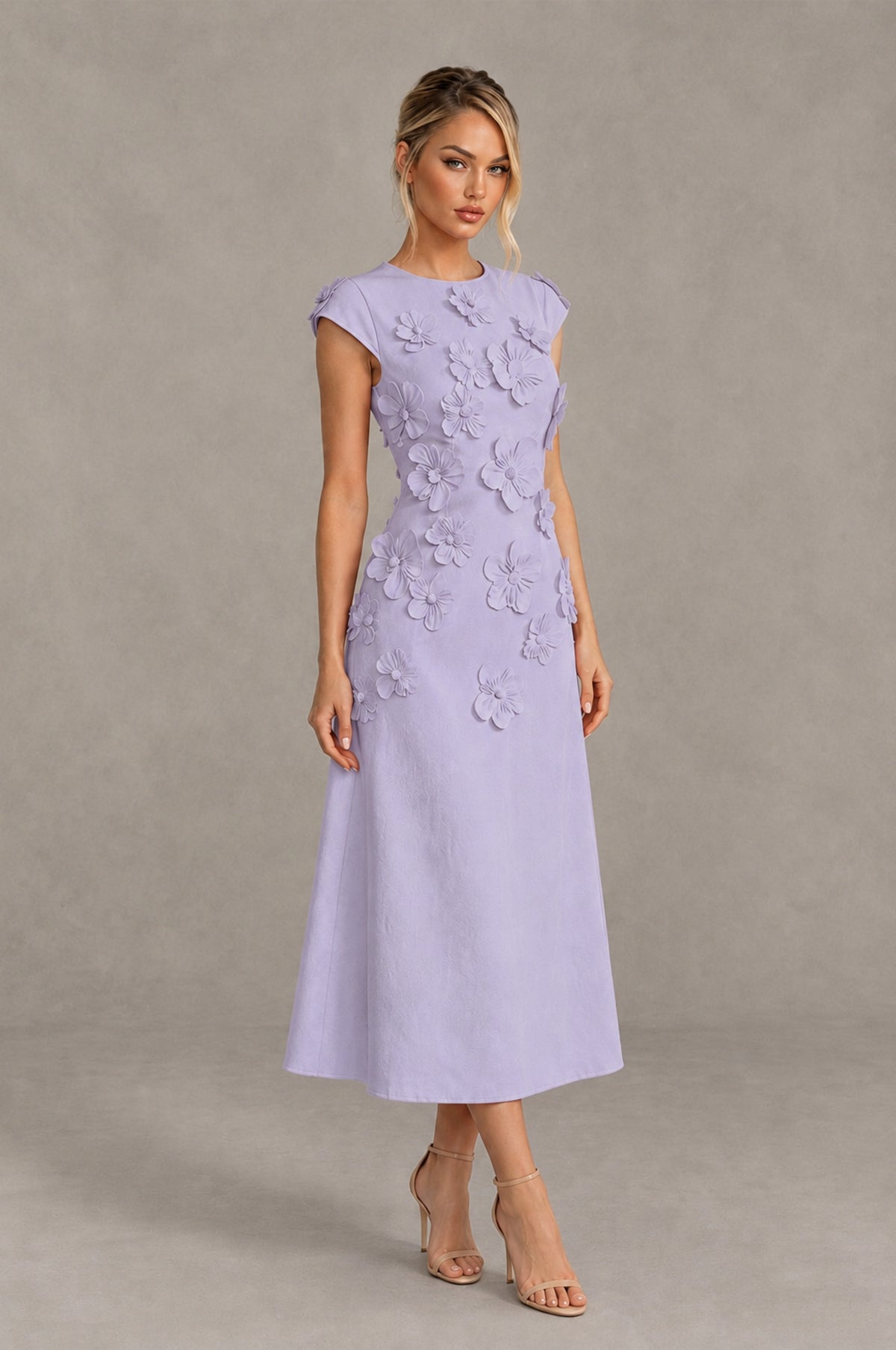 BOLODOO Lilac 3D Floral Cap Sleeve Midi Cocktail Dress - Lilac - Lilac_4