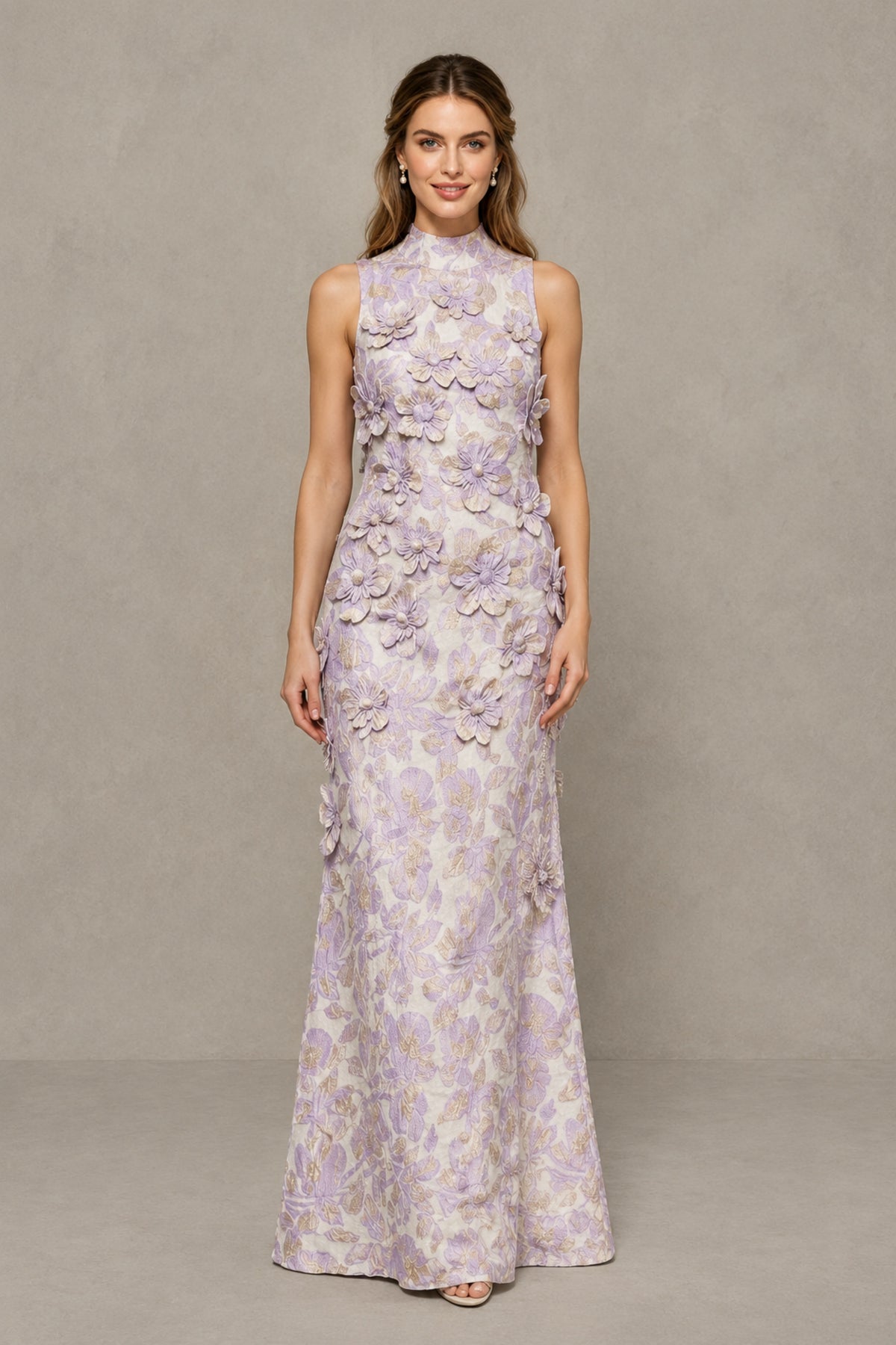 BOLODOO Lilac High Neck Sleeveless 3D Floral Evening Gown - Lilac