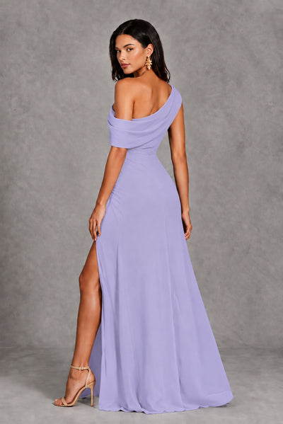 Lilac One-Shoulder Floor-Length Evening Gown with High Slit - Lilac