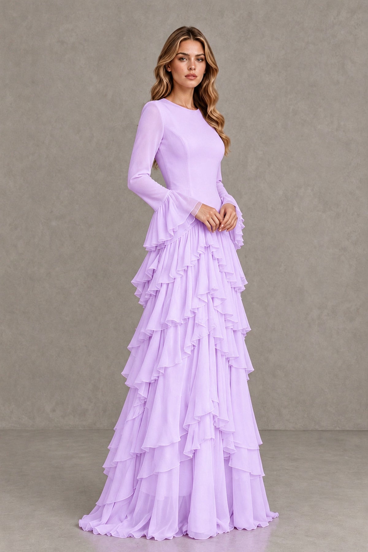 Lilac Long Sleeve Tiered Ruffle Evening Gown - Lilac - Lilac_4