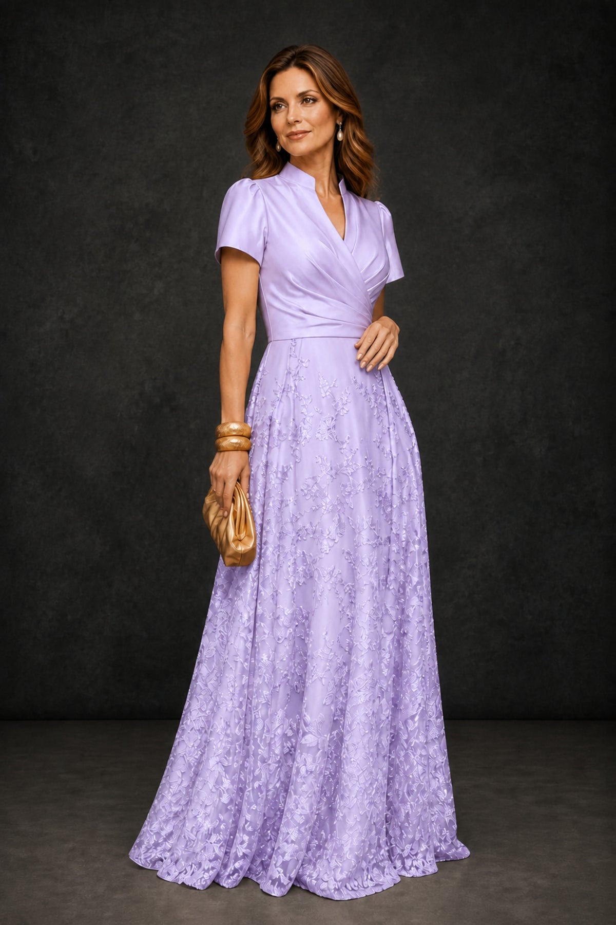 BOLODOO Lilac Satin Wrap V-Neck Short Sleeve Lace Glitter A-Line Floor Length Evening Gown – Formal Dress - Lilac