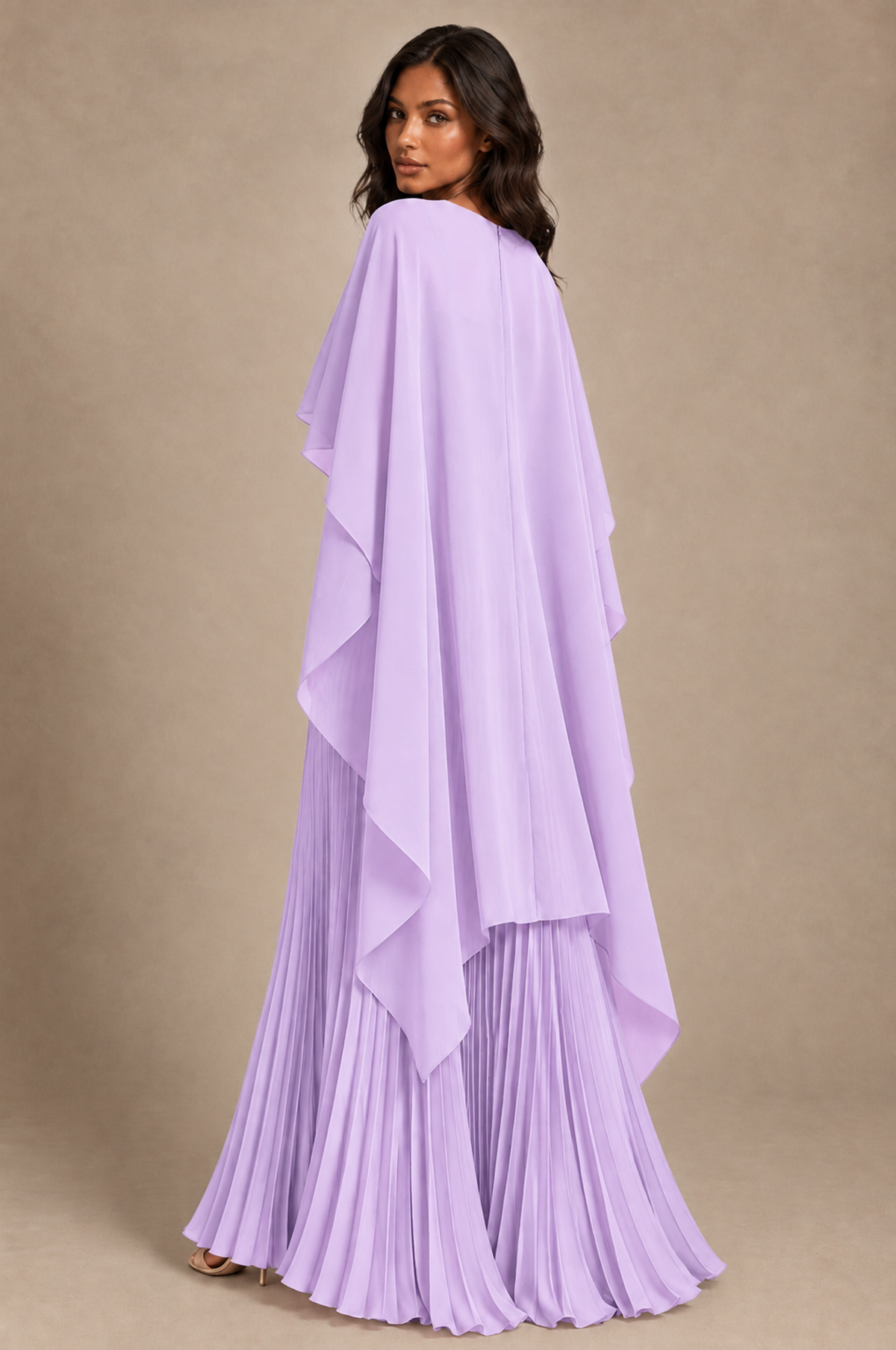 BOLODOO Lilac Pleated Cape A-Line Evening Dress - Lilac - Lilac_4