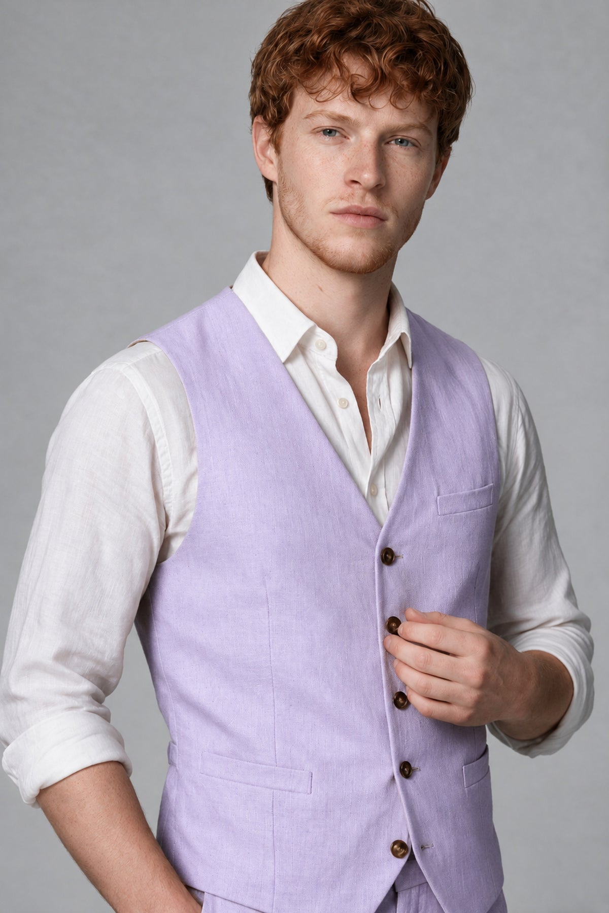 Bolodoo Men's Lilac 2-Piece Vest and Pants Set with V-Neck Waistcoat - Lilac - Lilac_4