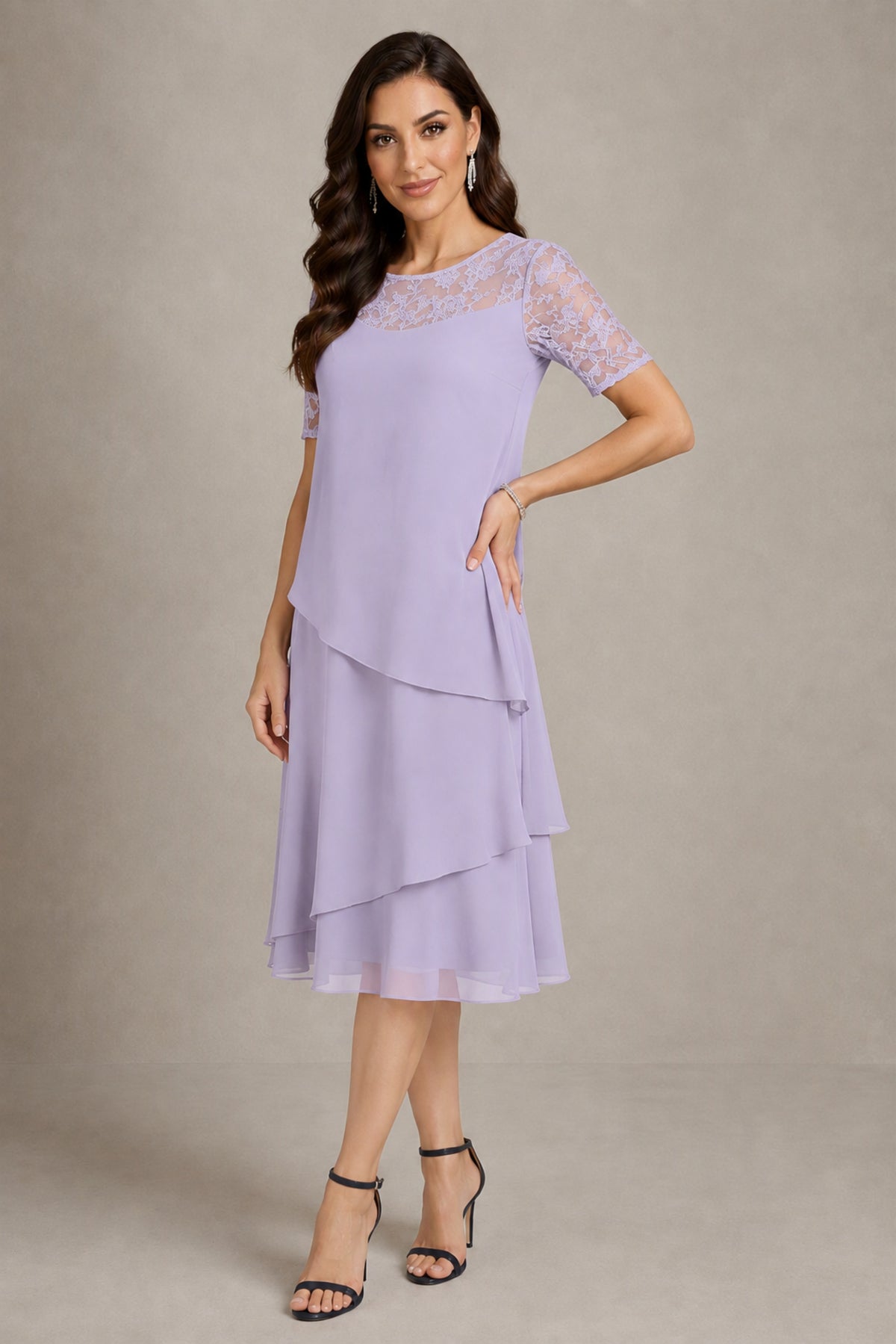 BOLODOO Lilac Illusion Lace Short Sleeve Tiered Chiffon Tea Length Dress | Mother of the Bride Midi Dress - Lilac
