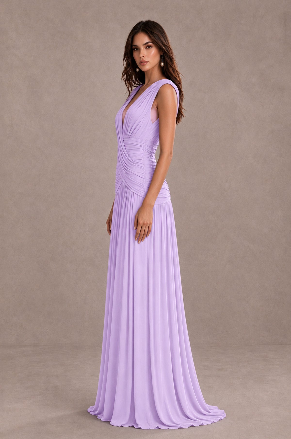BOLODOO Lilac V-Neck Ruched Wedding Guest Dress - Lilac - Lilac_4