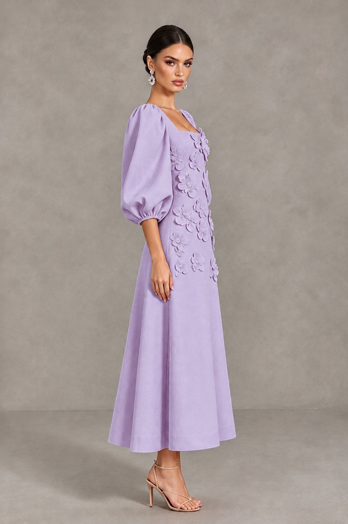 BOLODOO Lilac 3D Floral Puff Sleeve Midi Cocktail Dress - Lilac - Lilac_4