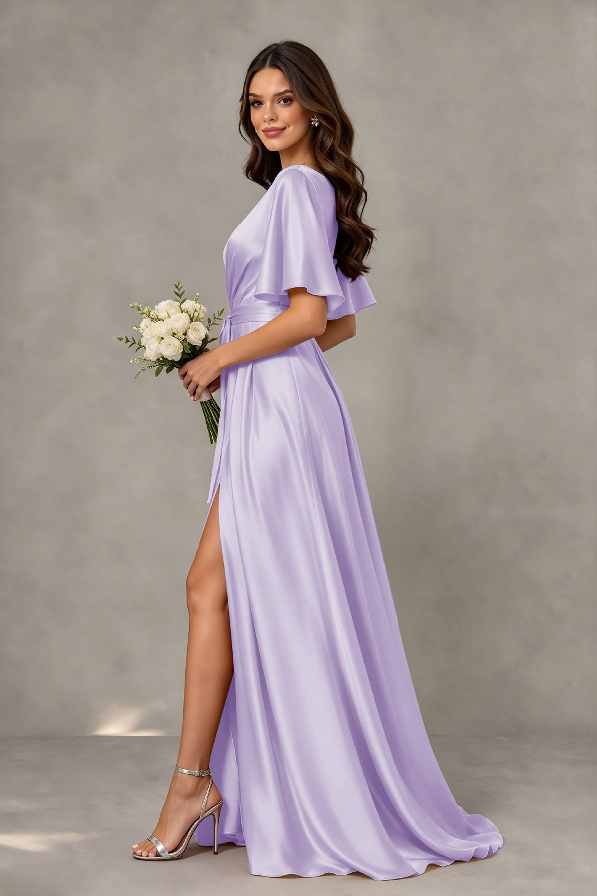 BOLODOO Lilac Satin V-Neck Flutter Sleeve Bridesmaid Dress with Slit - Lilac - Lilac(4)