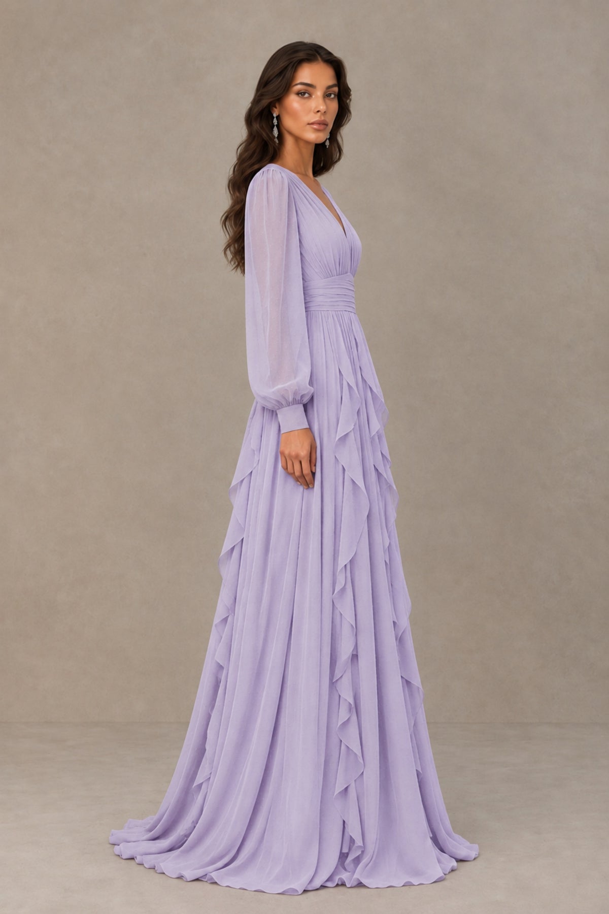 BOLODOO Lilac Long Sleeve V-Neck Ruffle Maxi Dress - Lilac