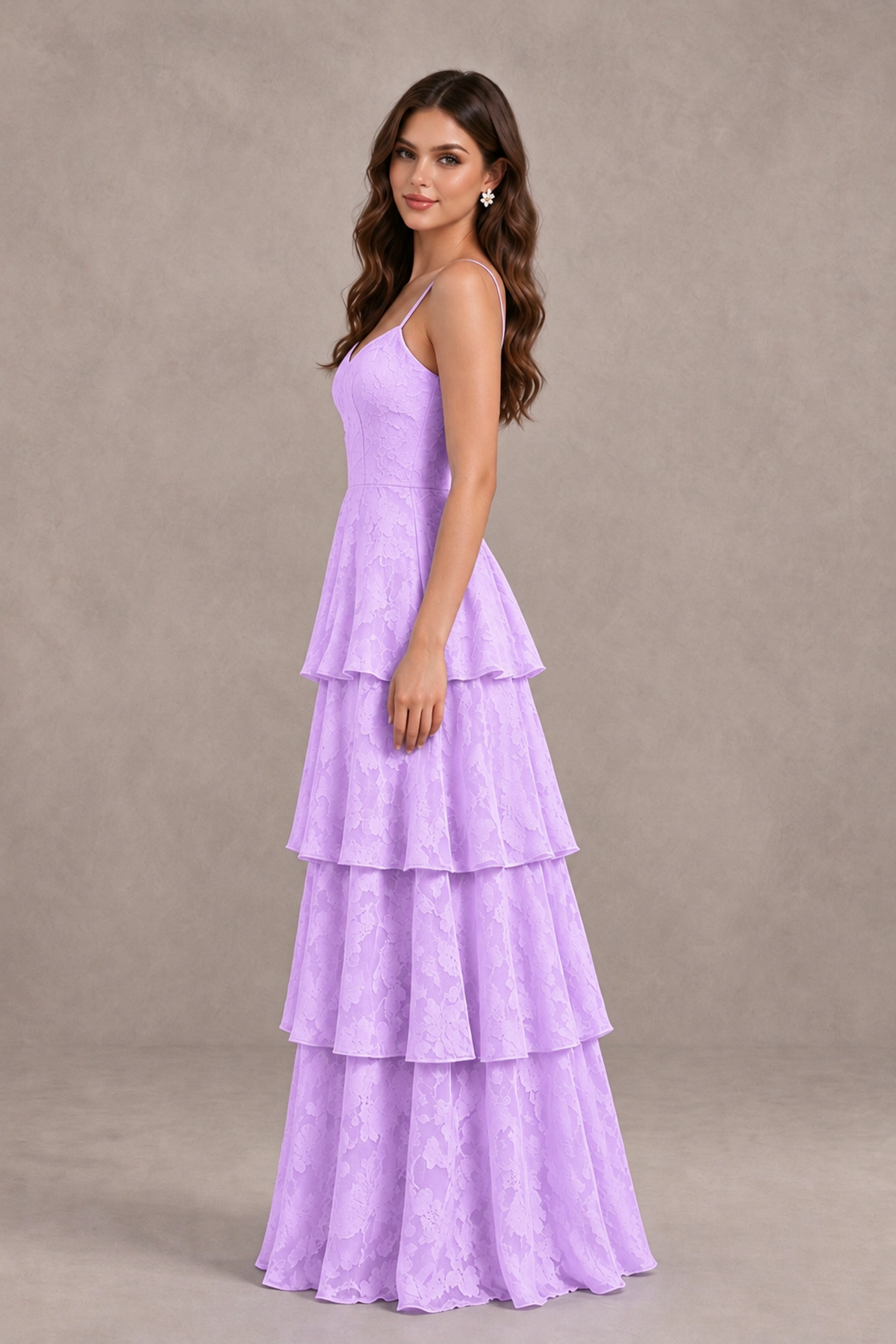 BOLODOO Lilac Tiered Floral-Textured Spaghetti Strap Maxi Dress - Lilac - Lilac_4