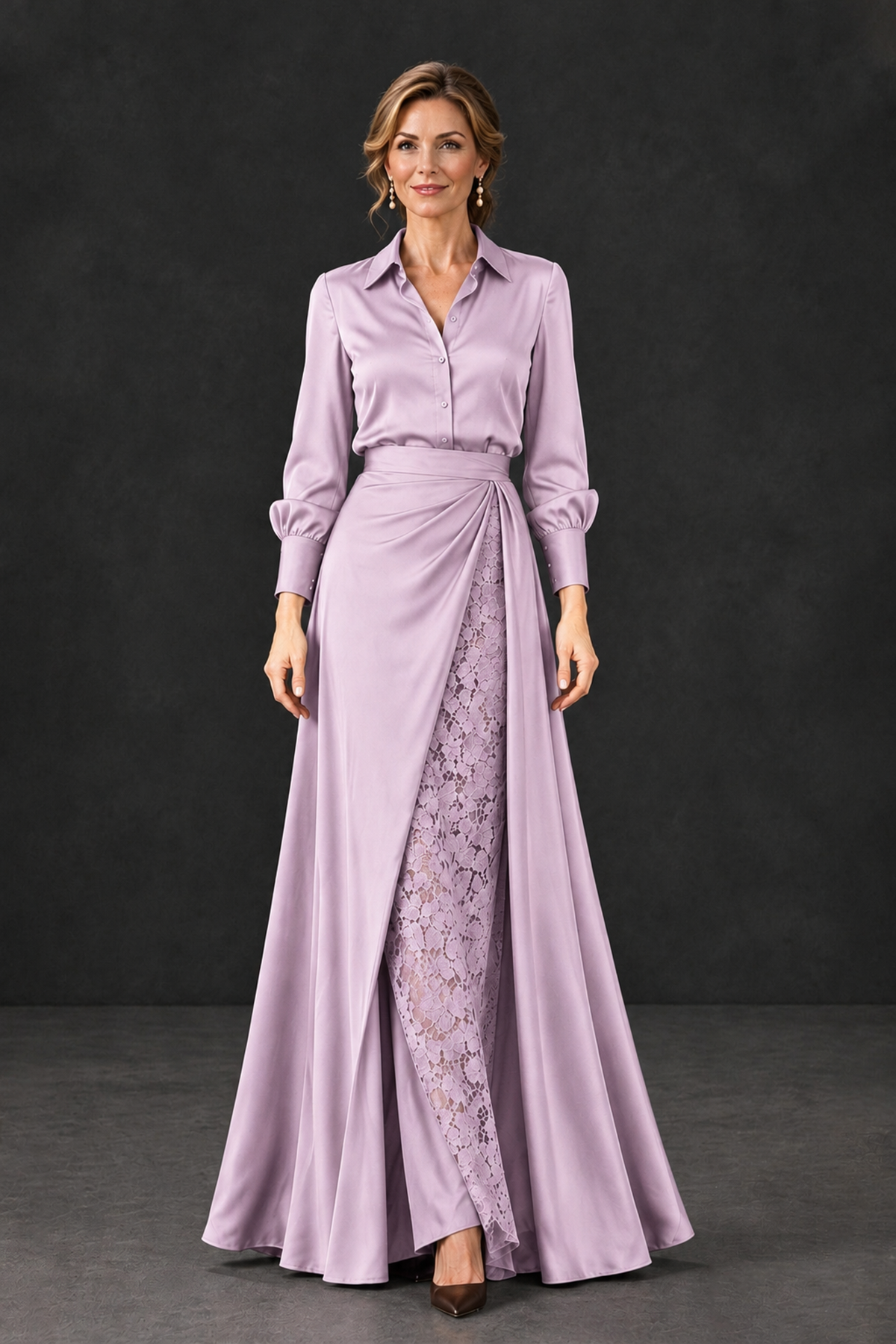 BOLODOO Lilac Long Sleeve Satin-Look Lace Panel Gown - Lilac - Lilac_4