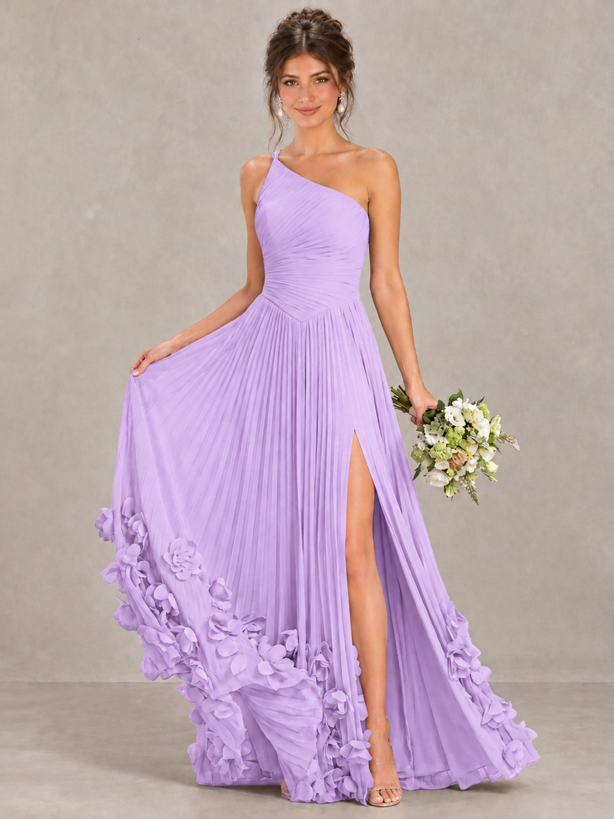 BOLODOO Lilac One-Shoulder Pleated Bridesmaid Dress with 3D Floral Hem - Lilac - Lilac_4