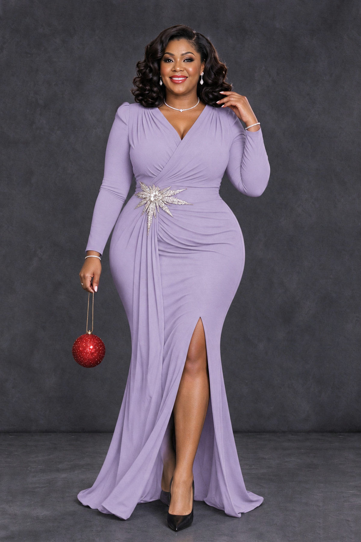 BOLODOO Lilac Plus Size Long Sleeve V-Neck Mother of the Bride Dress with Slit - Lilac - Lilac_4