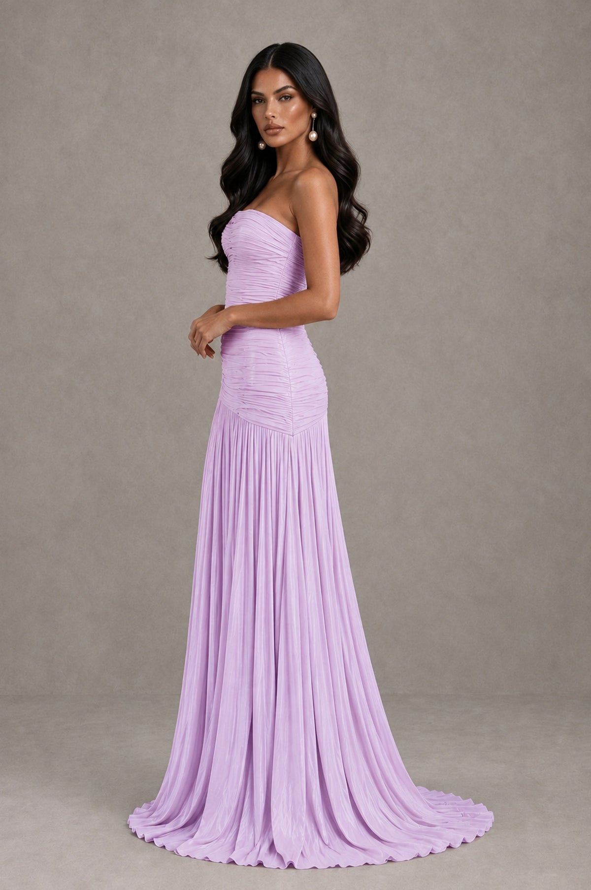 BOLODOO Lilac Metallic Ruched Strapless Pleated A-Line Backless Maxi Dress with Train - Lilac - Lilac_4
