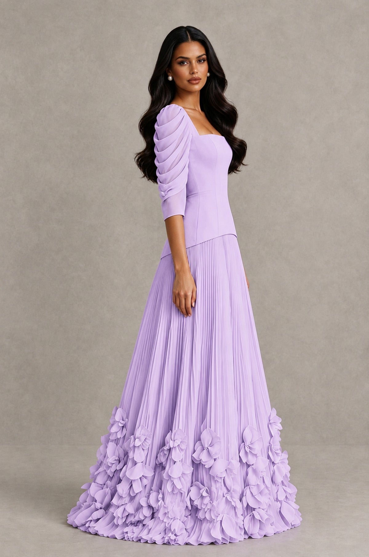 BOLODOO Lilac Square Neck Pleated Floral Applique Evening Dress - Lilac - Lilac_4