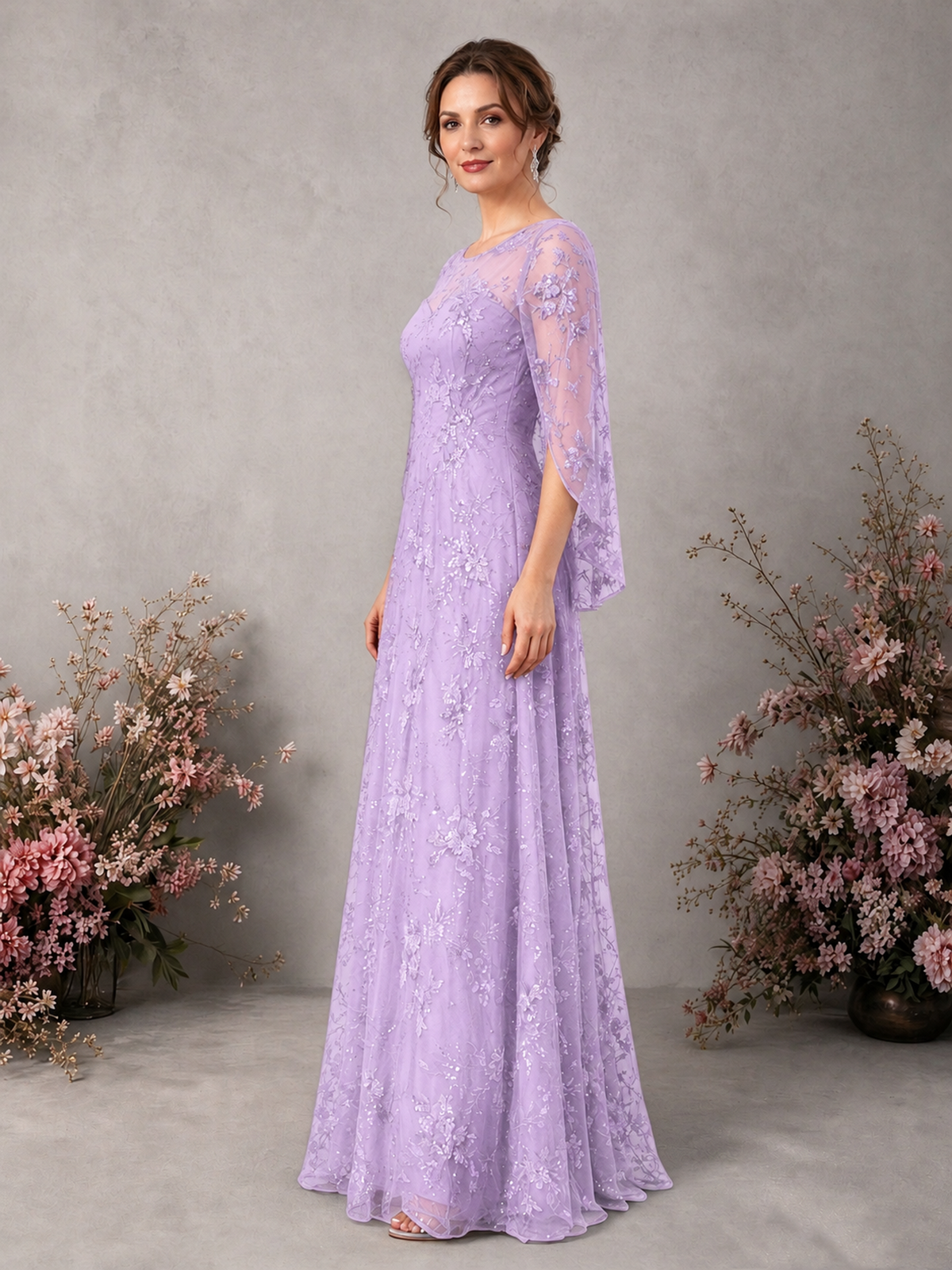 BOLODOO Lilac Sequin Lace Cape Sleeve Formal Evening Gown - Lilac - Lilac_4