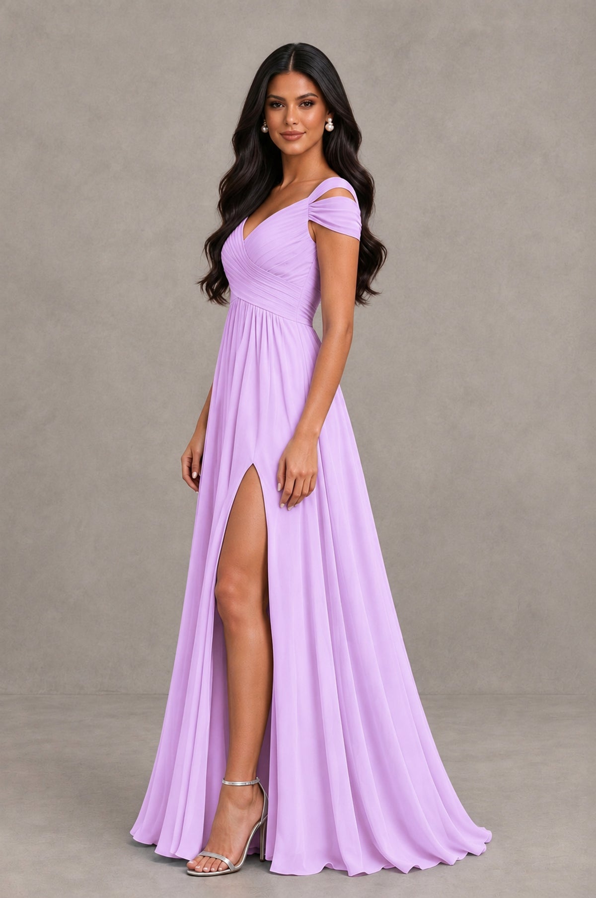BOLODOO Lilac Cold Shoulder Chiffon Evening Dress with V Neck and High Slit - Lilac - Lilac_4