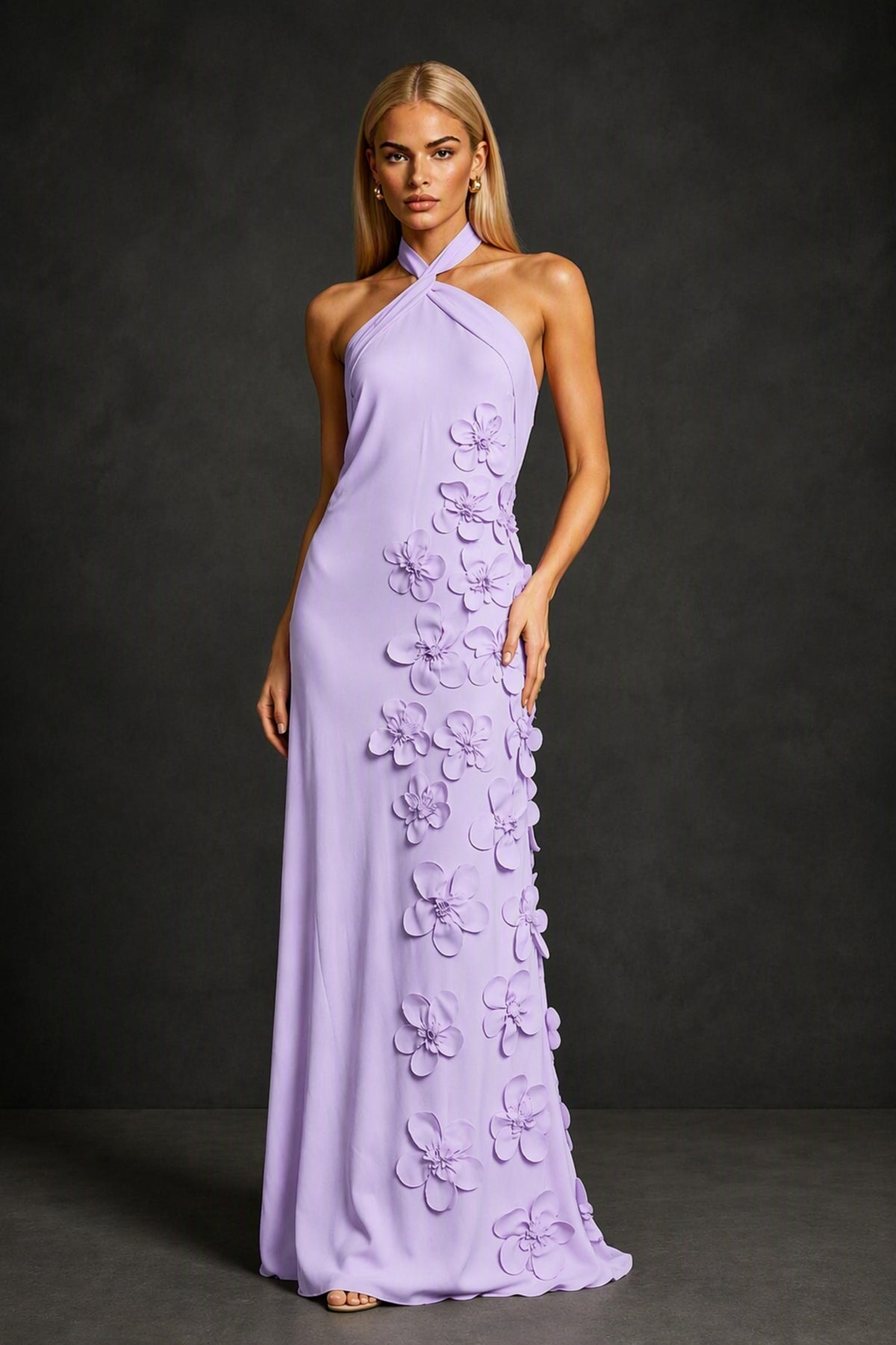 BOLODOO Lilac Cross Halter Neck 3D Floral Appliqué Backless Mermaid Maxi Gown - Lilac
