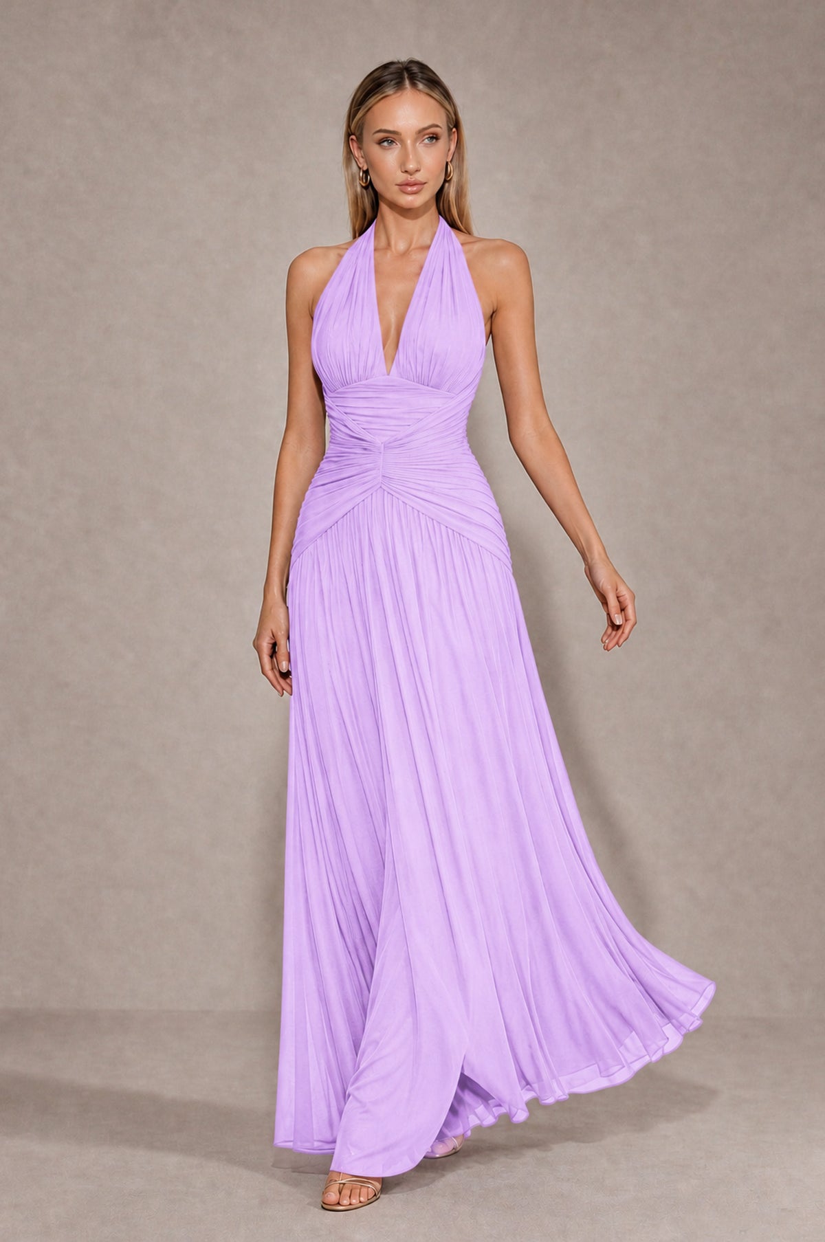 BOLODOO Lilac Chiffon Halter Deep V-Neck Ruched A-Line Backless Maxi Dress with Train-BD0167 - Lilac - Lilac_4