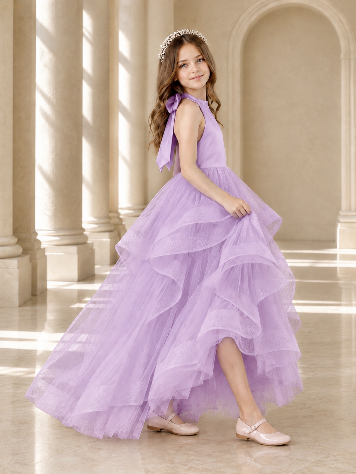 BOLODOO Lilac Halter Tiered Tulle Flower Girl Dress with Bow Back - Lilac - Lilac_4