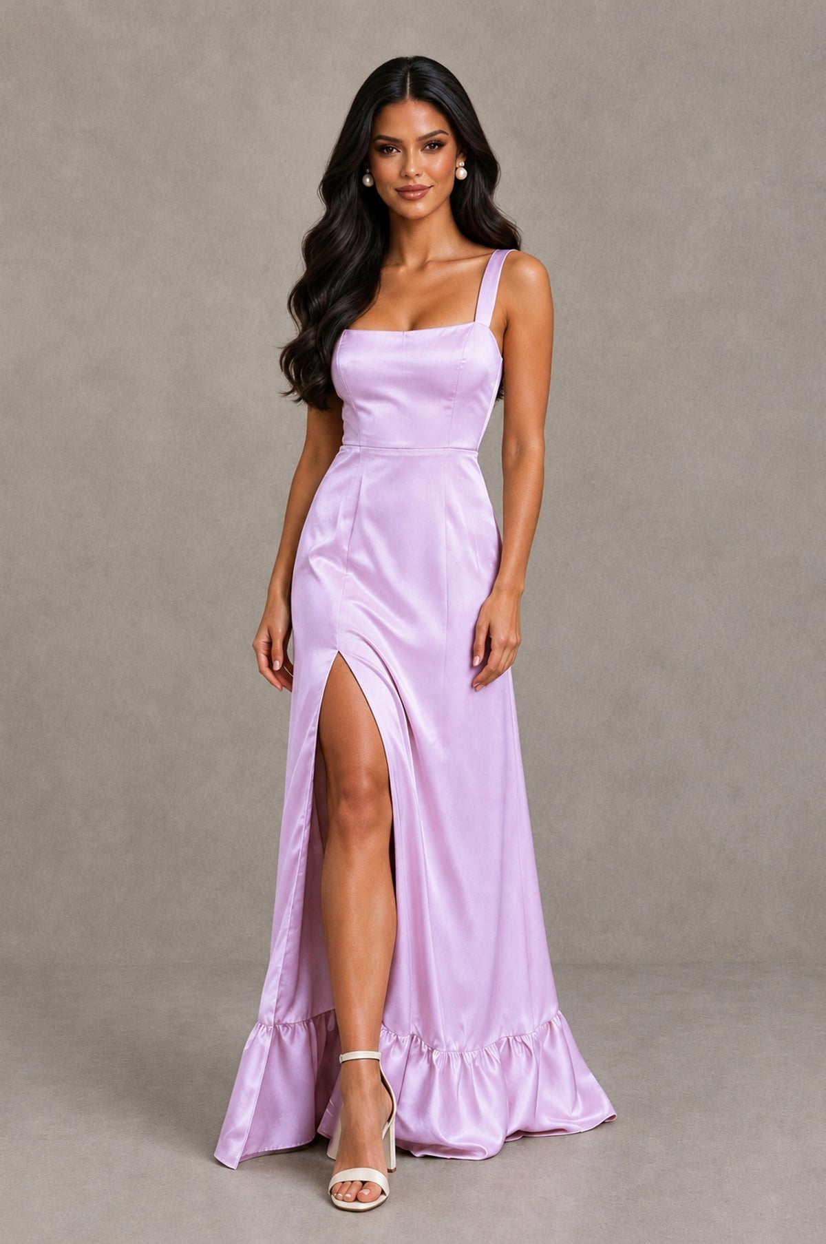 BOLODOO Lilac Square Neck Satin Evening Dress with Lace-Up Back and High Slit - Lilac - Lilac_4