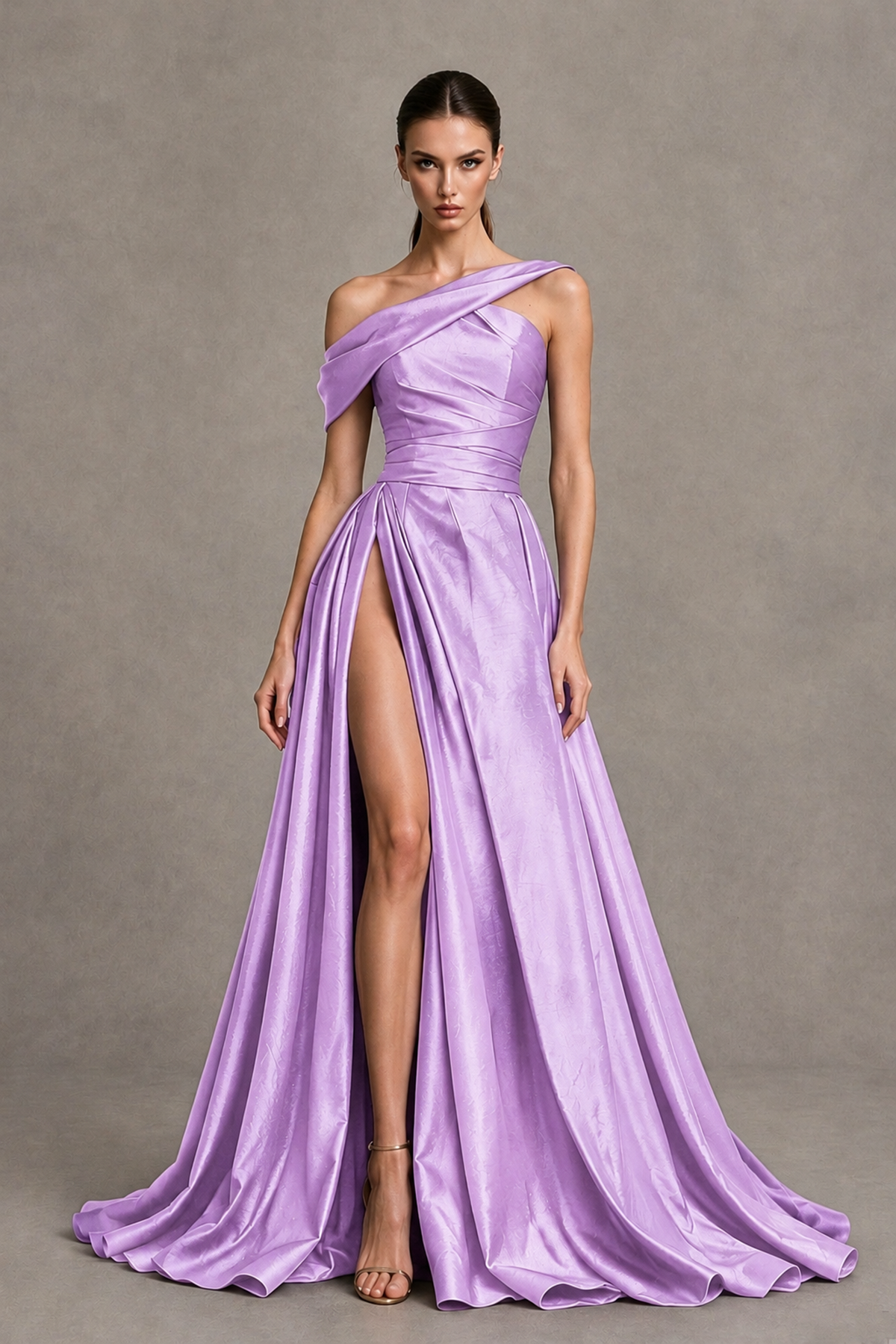 BOLODOO Lilac Asymmetric Satin-Look A-Line Prom Dress with High Slit - Lilac - Lilac_4