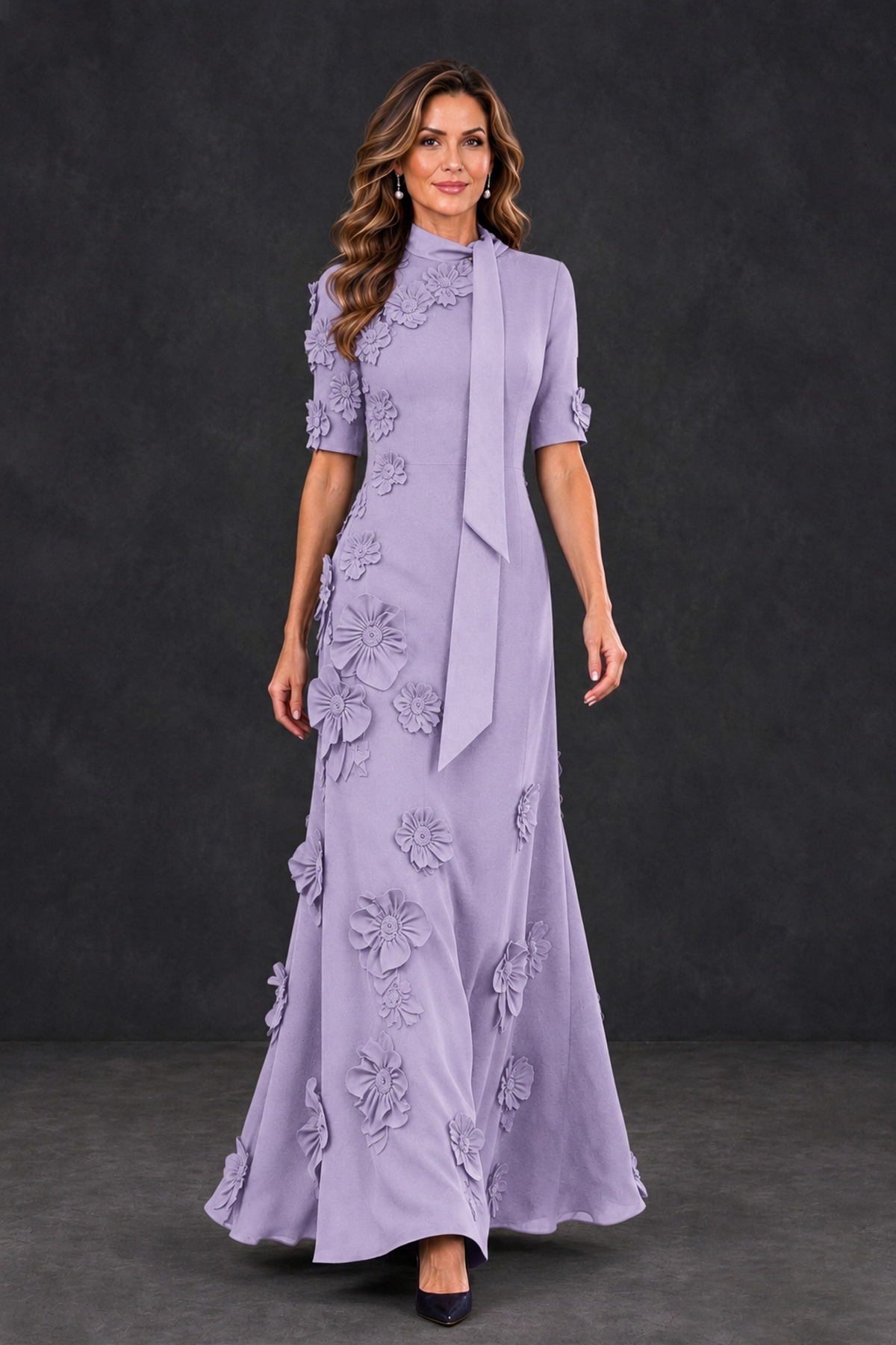 BOLODOO Lilac Floral Applique High-Neck Half-Sleeve Gown - Lilac - Lilac_4