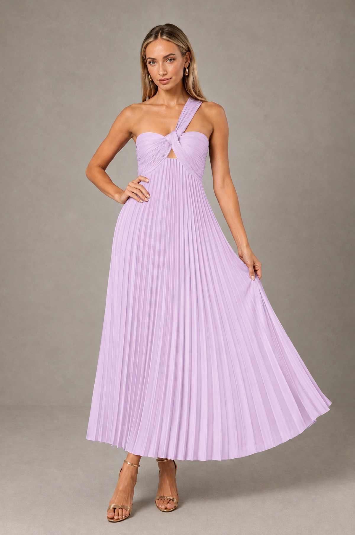 BOLODOO Lilac One-Shoulder Twist Knot Pleated Satin Midi Dress with Cutout - Lilac - Lilac_4