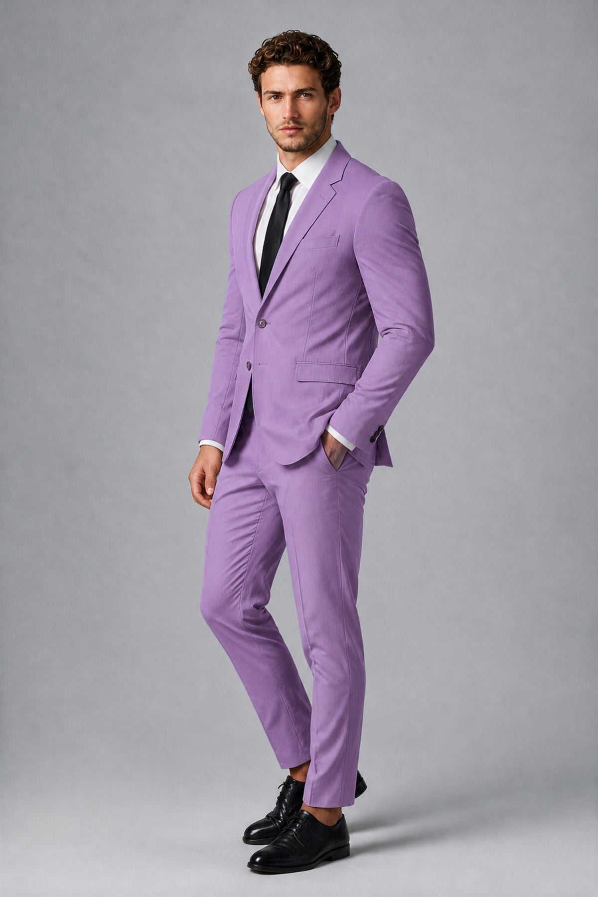 Bolodoo Men's Lilac Two-Piece Suit with Notch-Lapel Jacket & Trousers - Lilac - Lilac_4