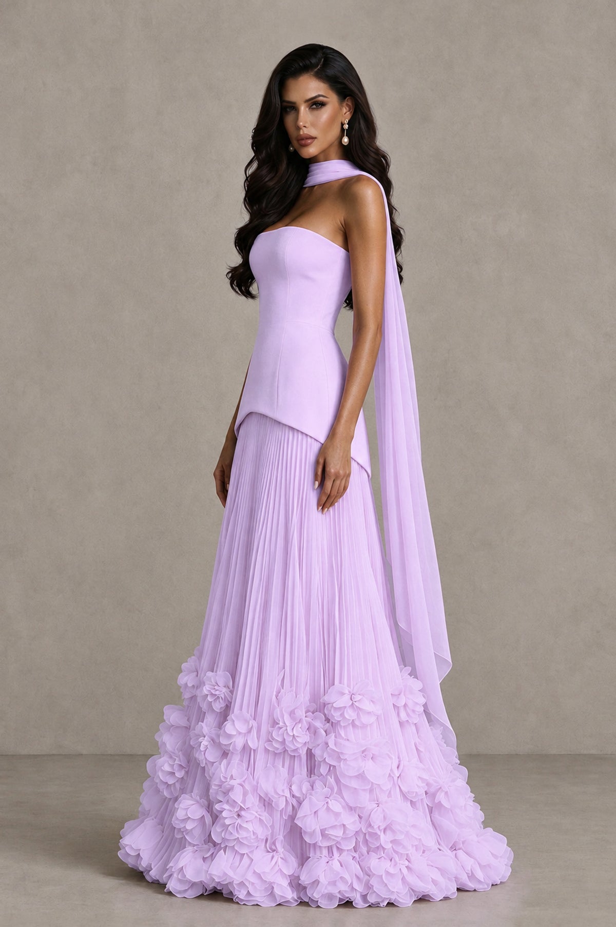 BOLODOO Lilac Strapless Pleated Floral Hem Evening Gown - Lilac - Lilac_4