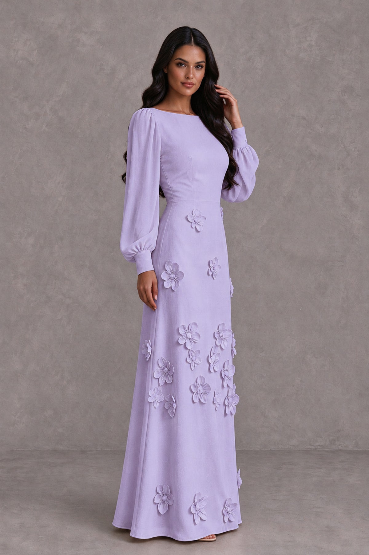 BOLODOO Lilac Long Sleeve Floral Applique A-Line Evening Dress - Lilac - Lilac_4