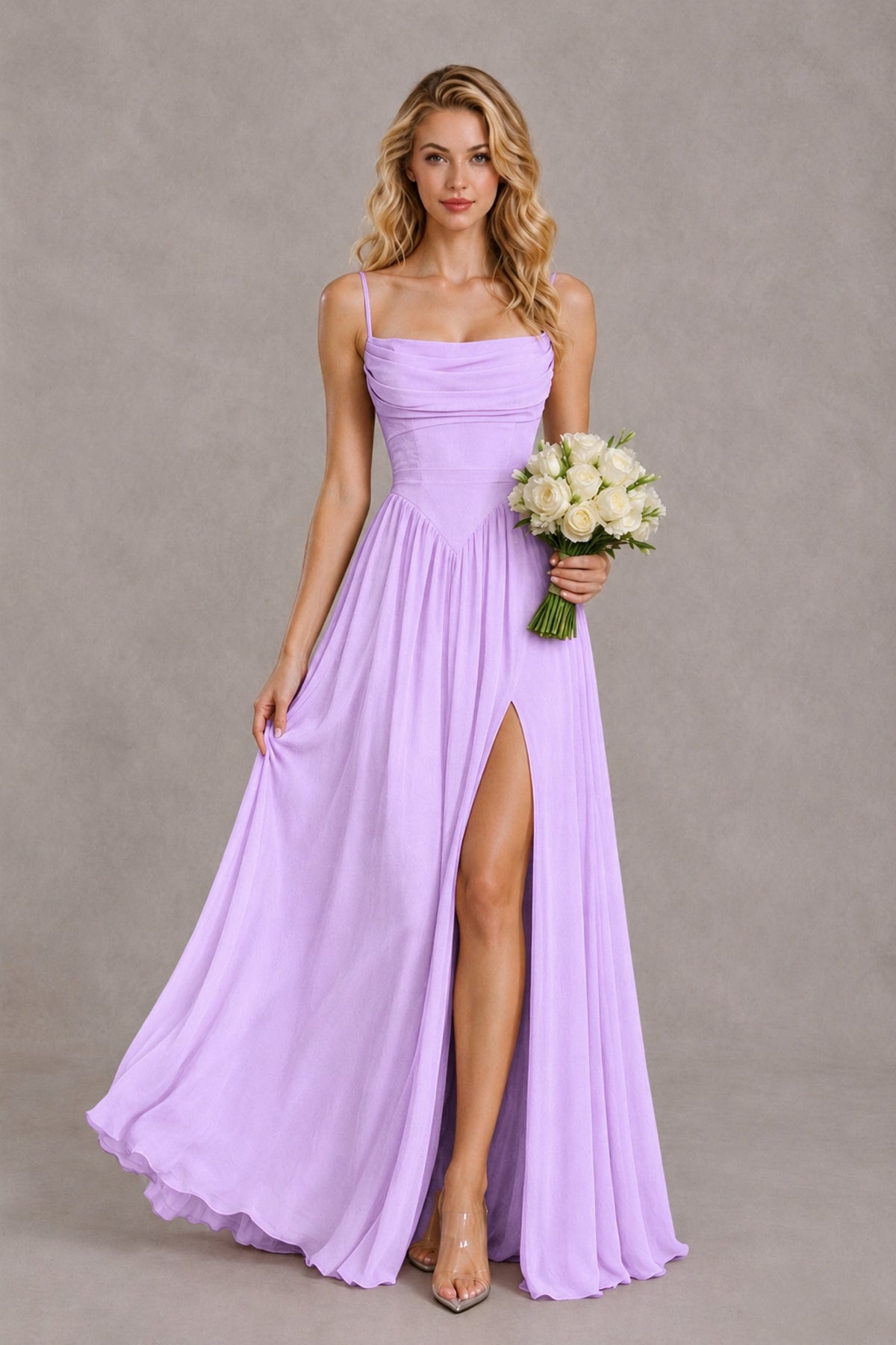 BOLODOO Lilac Spaghetti Strap A-Line Bridesmaid Dress with Slit - Lilac - Lilac_4
