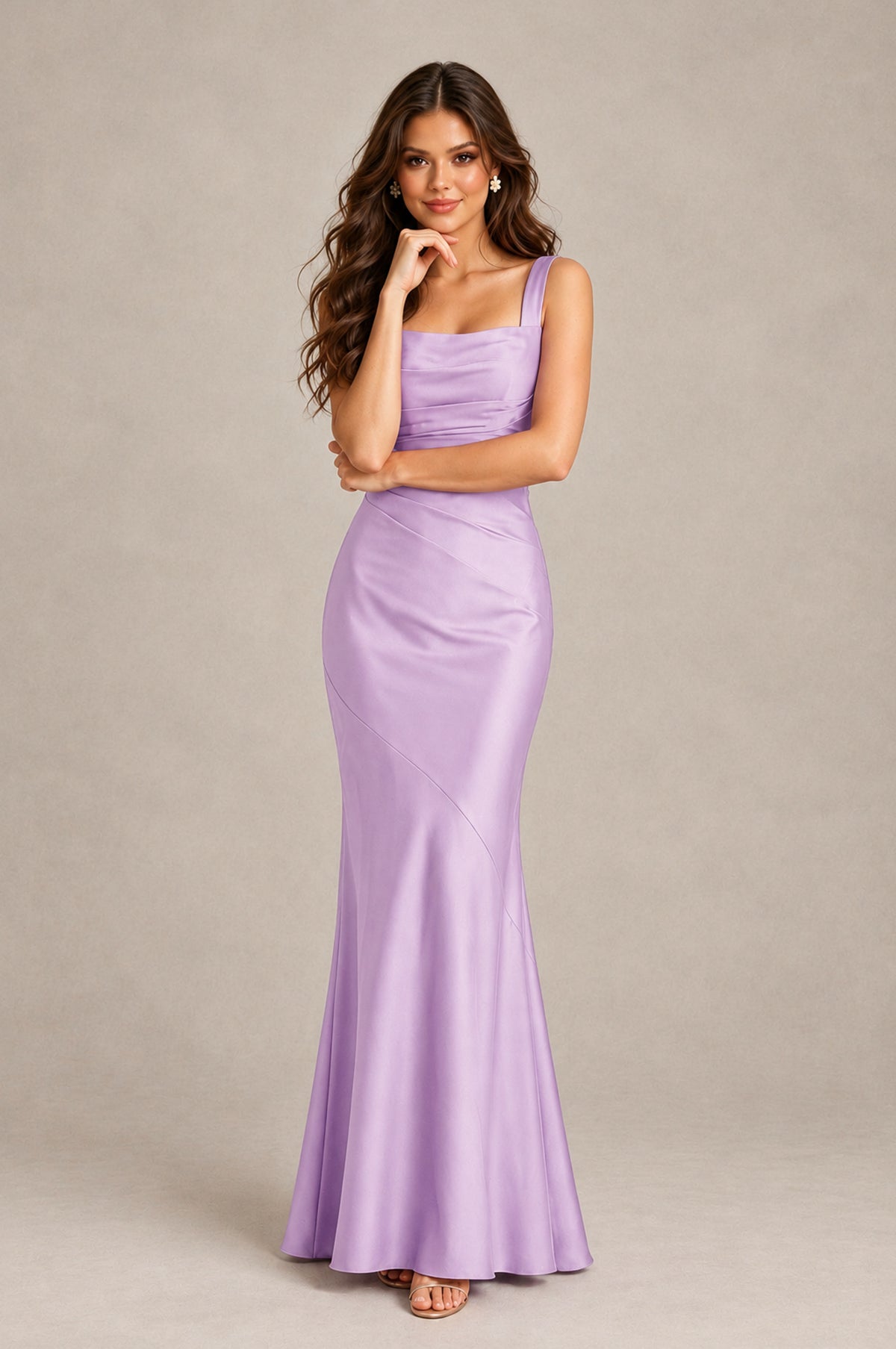 BOLODOO Lilac Square Neck Ruched Satin Lace-Up Bridesmaid Dress - Lilac - Lilac_4