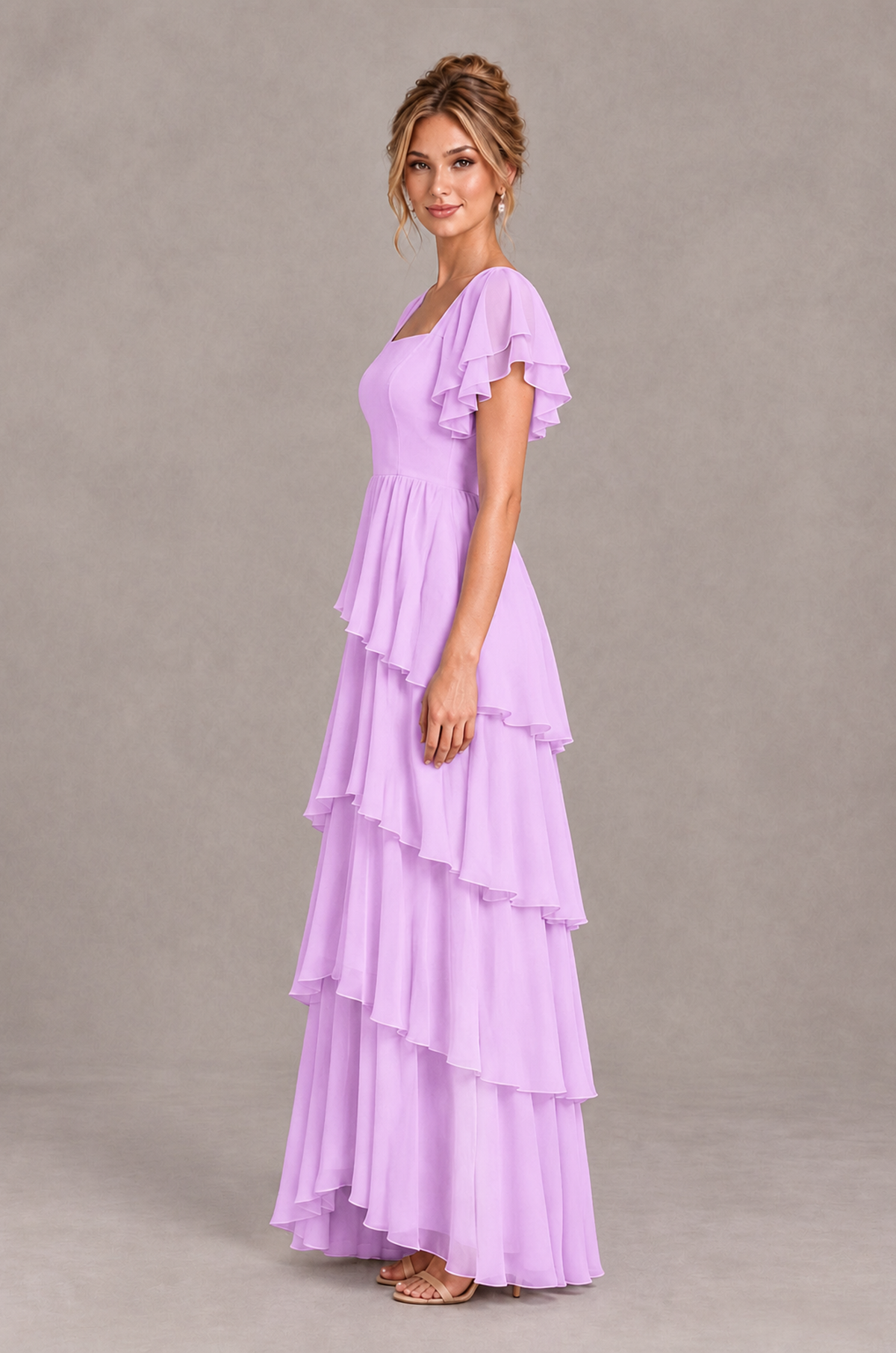 BOLODOO Lilac Square Neck Flutter Sleeve Tiered Chiffon Bridesmaid Dress with Lace-Up Back - Lilac - Lilac_4