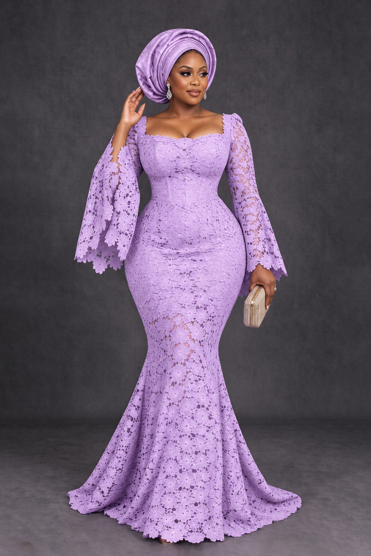 BOLODOO Lilac African Lace Mermaid Dress, Plus Size Nigerian Wedding Guest Gown with Bell Sleeves - Lilac - Lilac_4