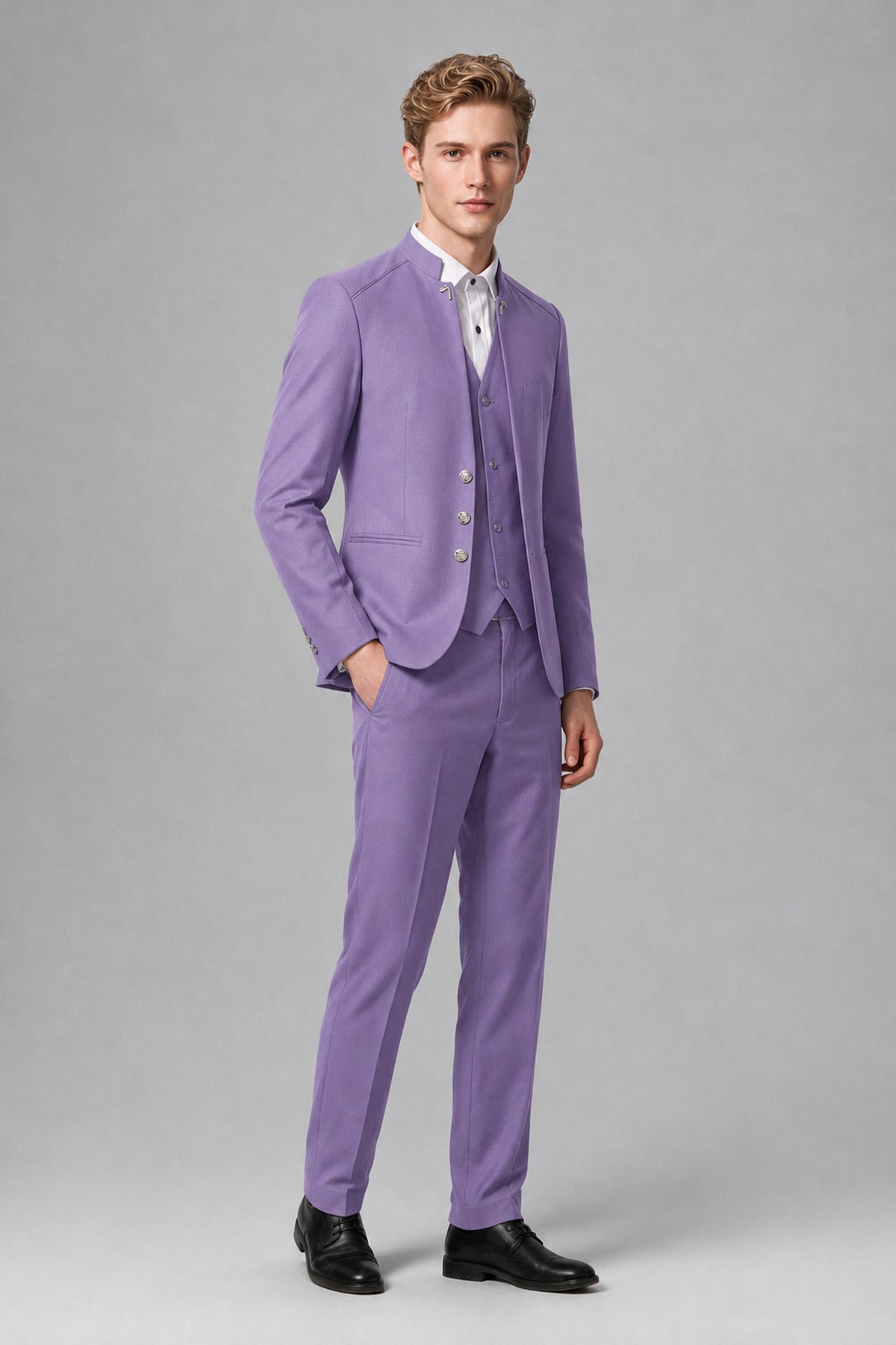 Bolodoo Men's Lilac Mandarin Collar 3-Piece Suit – Jacket, Vest & Trousers - Lilac - Lilac_4