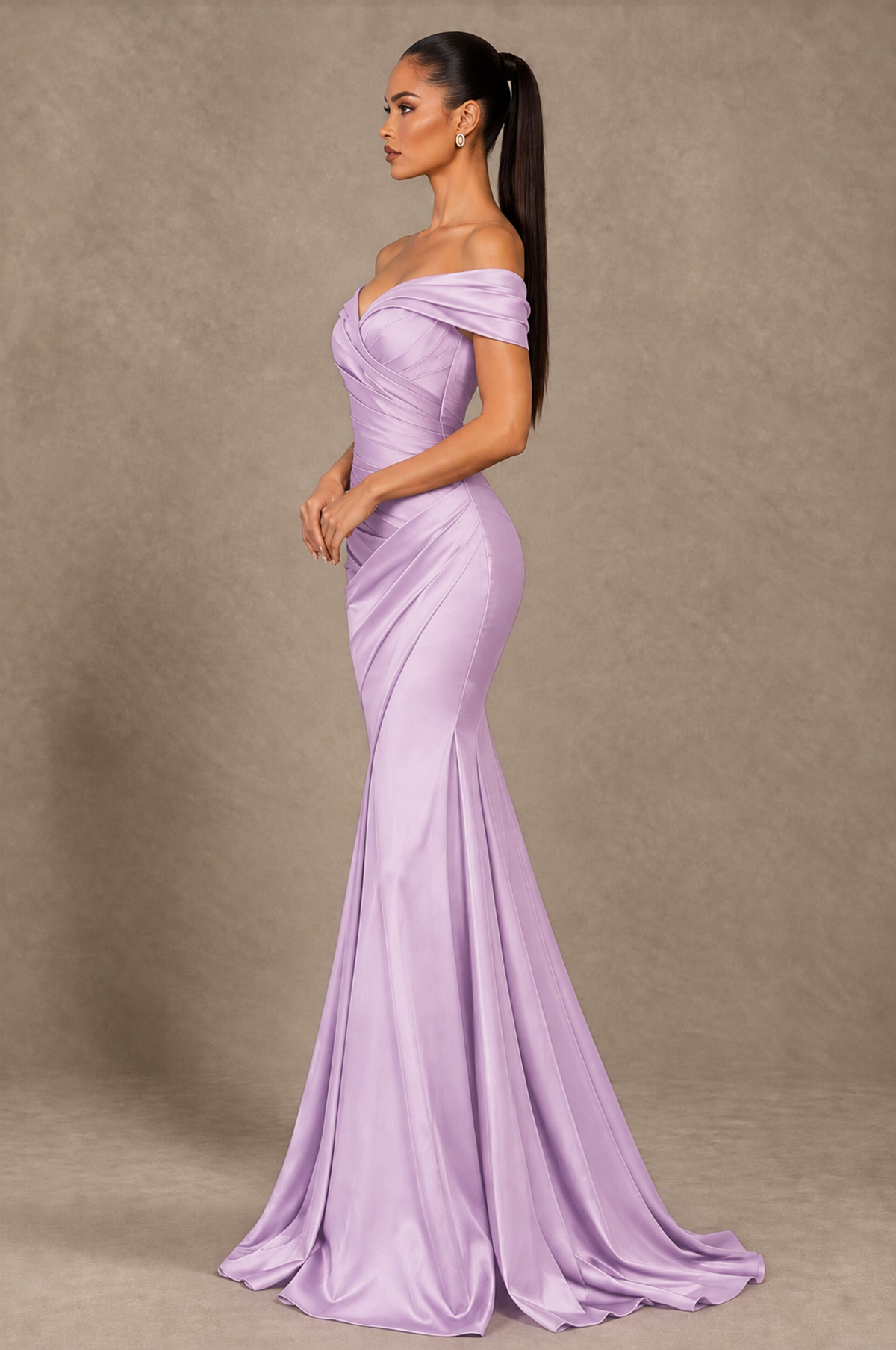 BOLODOO Lilac Off-the-Shoulder Ruched Satin Mermaid Evening Dress - Lilac - Lilac_4